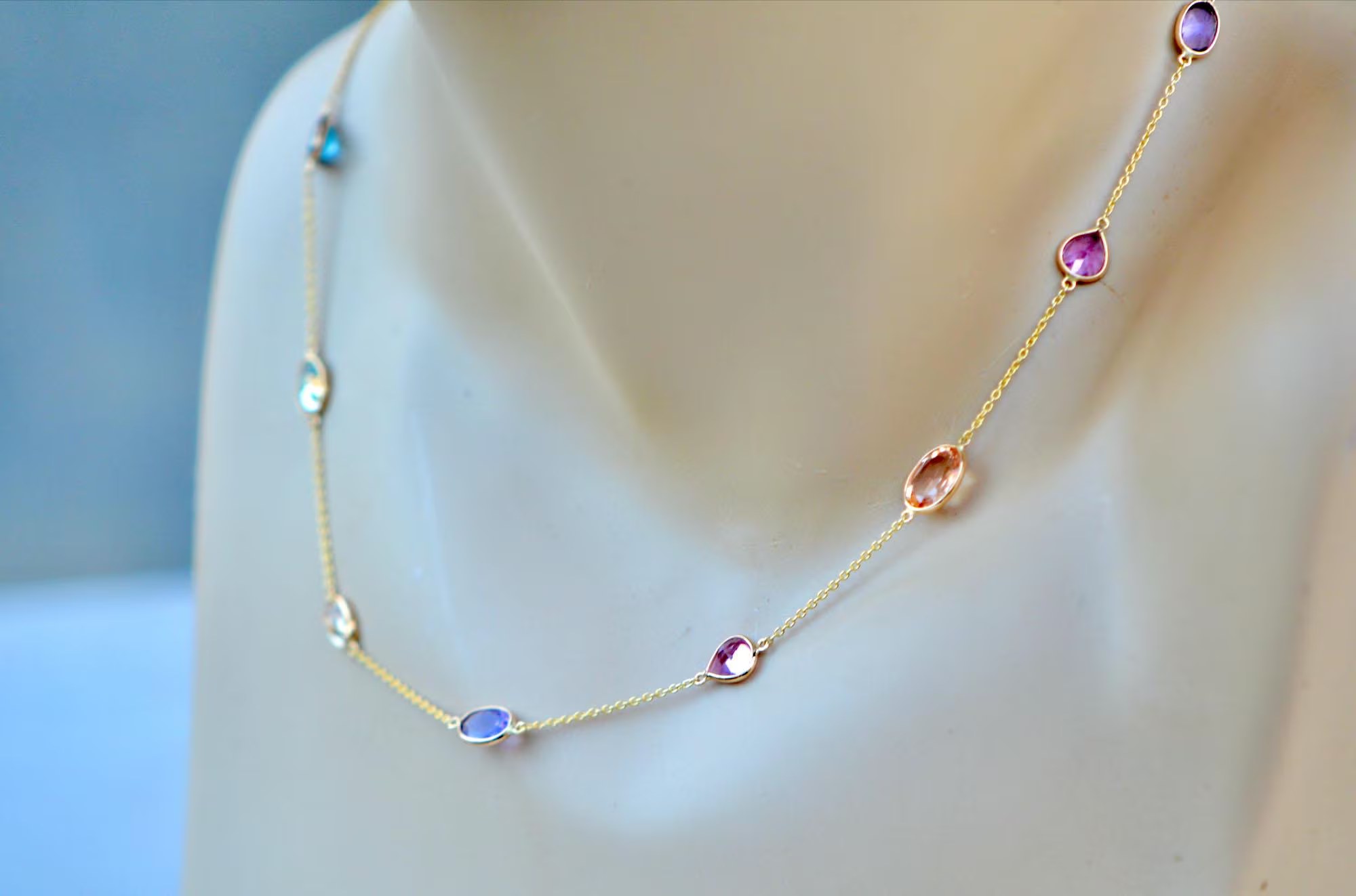 Multigemstone Station Necklace 18k Gold : Rose Quartz Blue Topaz Prasiolite Amethyst