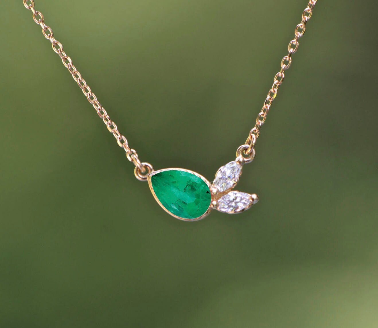 Emerald & Diamond 14k Floral Gold Necklace, May Birthstone Dainty Necklace for Women, Sentimental Gifts for Women or Girls, Teardrop Emerald