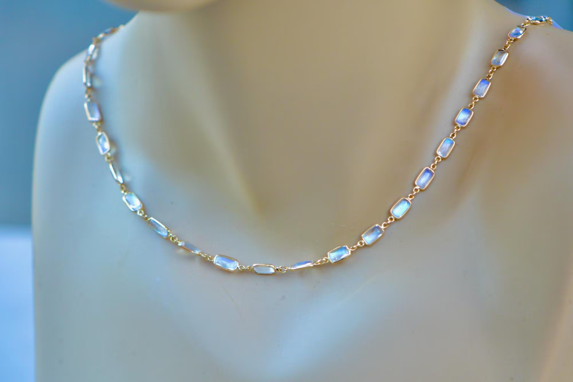 Blue Moonstone Rectangular Cabochon Layering Station Necklace for Women in Solid 18kt Gold : June Birthstone Jewelry