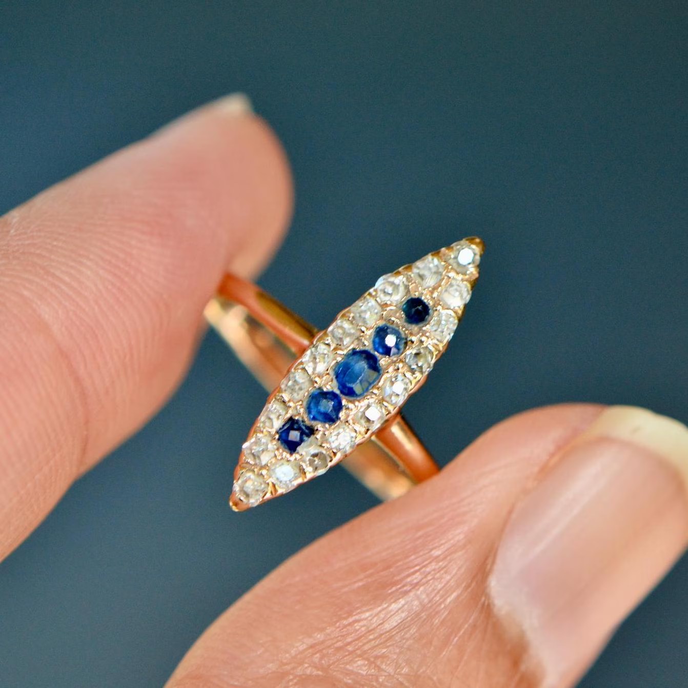 Antique Marquise Navette Cluster Ring Sapphire & Salt Pepper Diamond 14k Gold Ring : September Birthstone