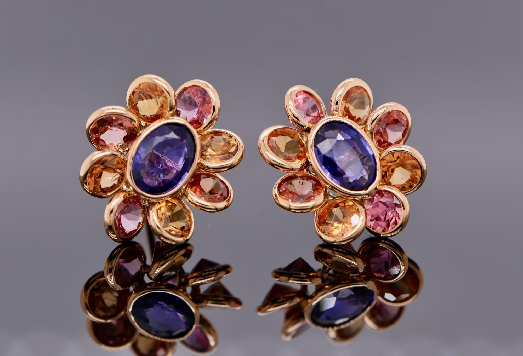 Multigemstone Floral Large Stud Earrings 18kt Gold : Purple Pink & Orange Sapphire Earrings for Women
