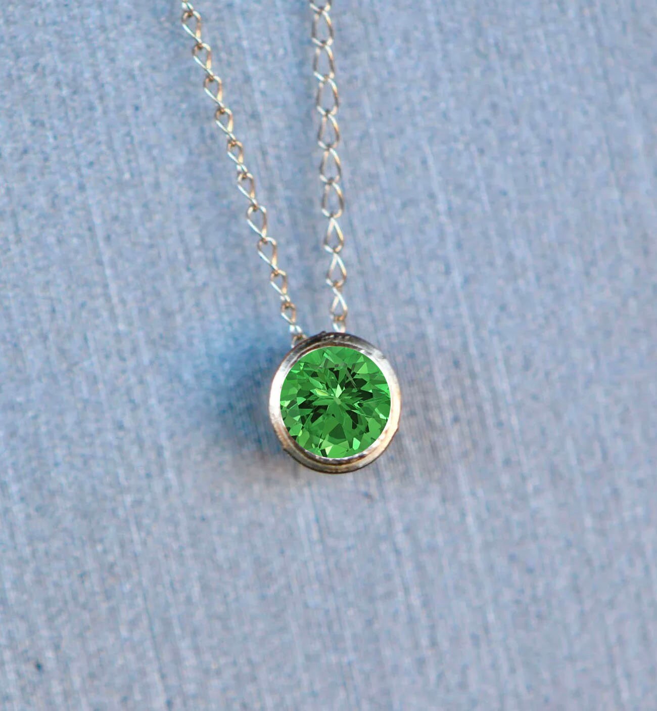 Tsavorite Garnet Solitaire Slide Necklace 14k Gold : January Birthstone Pendant, detail view