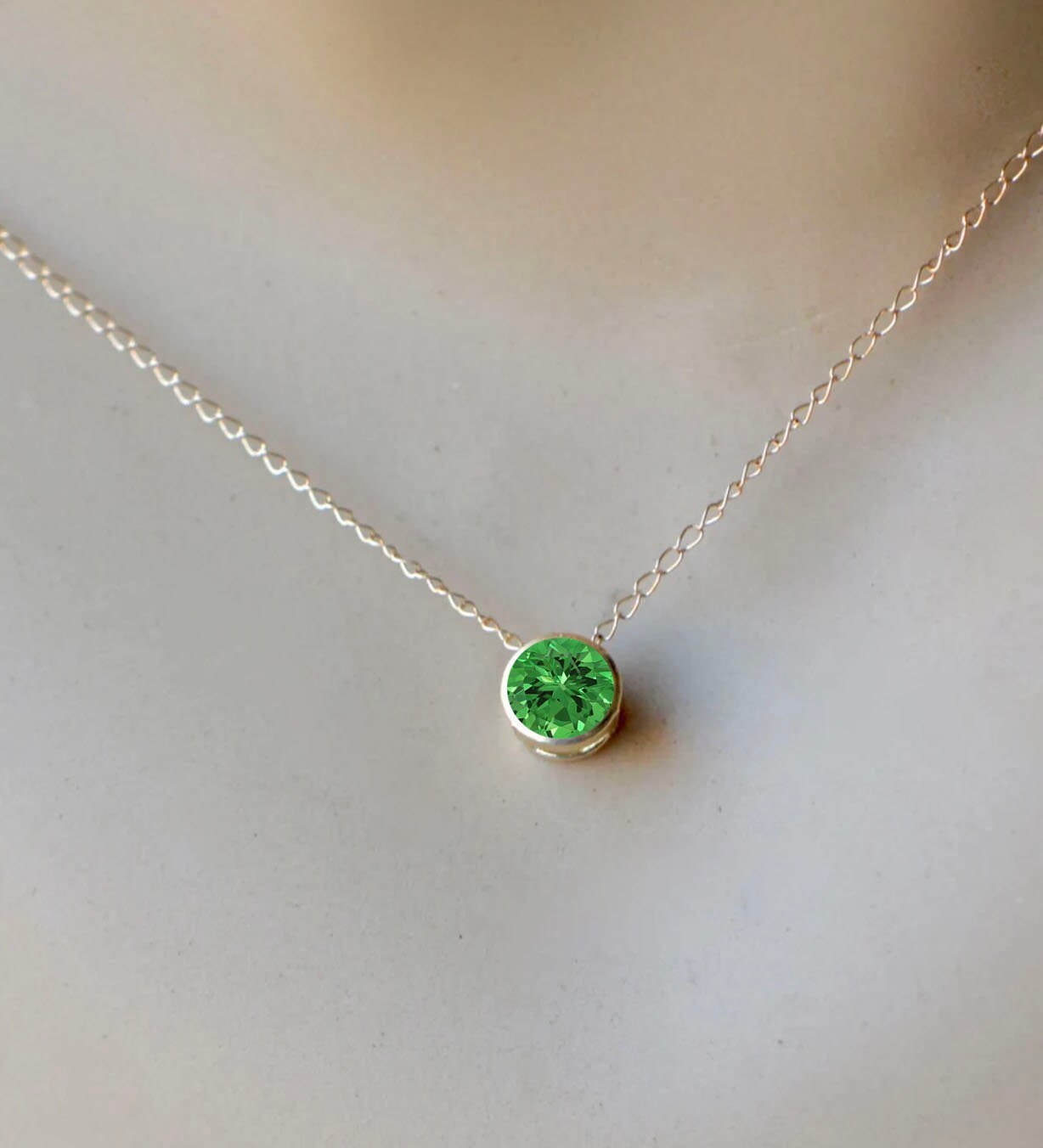 Tsavorite Garnet Solitaire Slide Necklace 14k Gold : January Birthstone Pendant, detail view