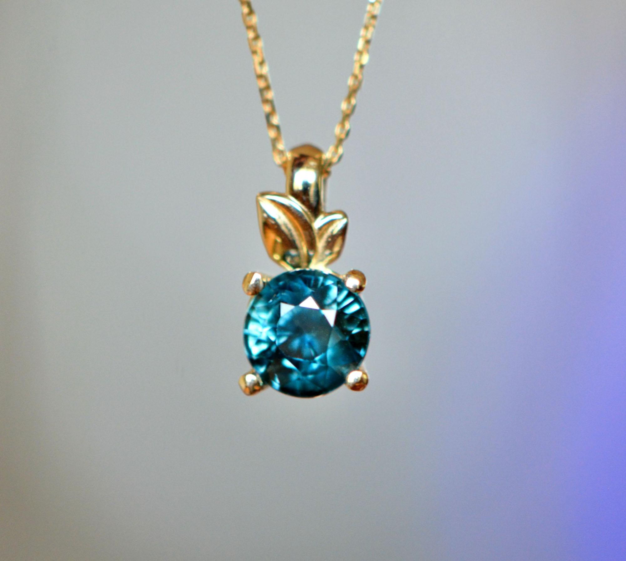 Teal Sapphire Floral Minimalist Necklace 14k Gold : September Birthstone