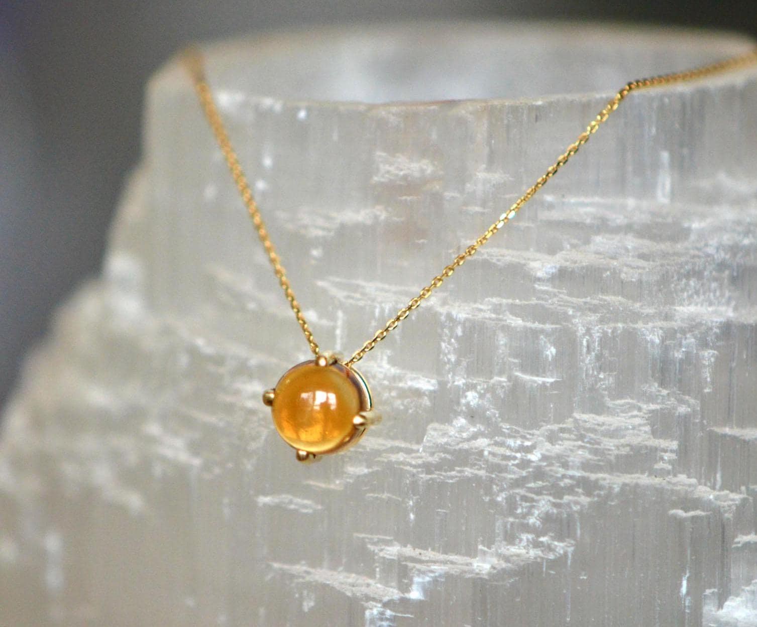 14k Gold Citrine Cabochon Solitaire Pendant Necklace, November Birthstone