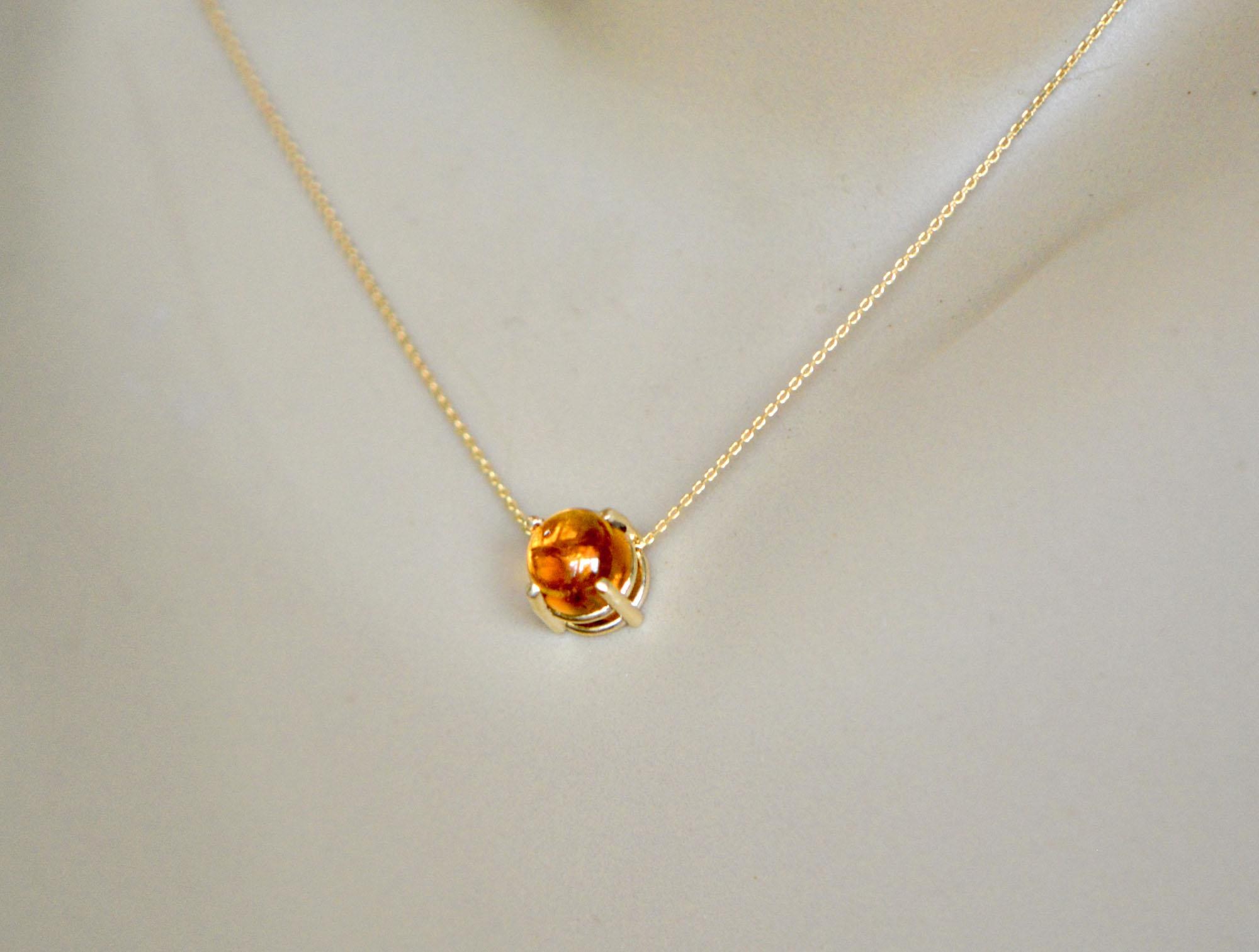 14k Gold Citrine Cabochon Solitaire Pendant Necklace, November Birthstone, detail view