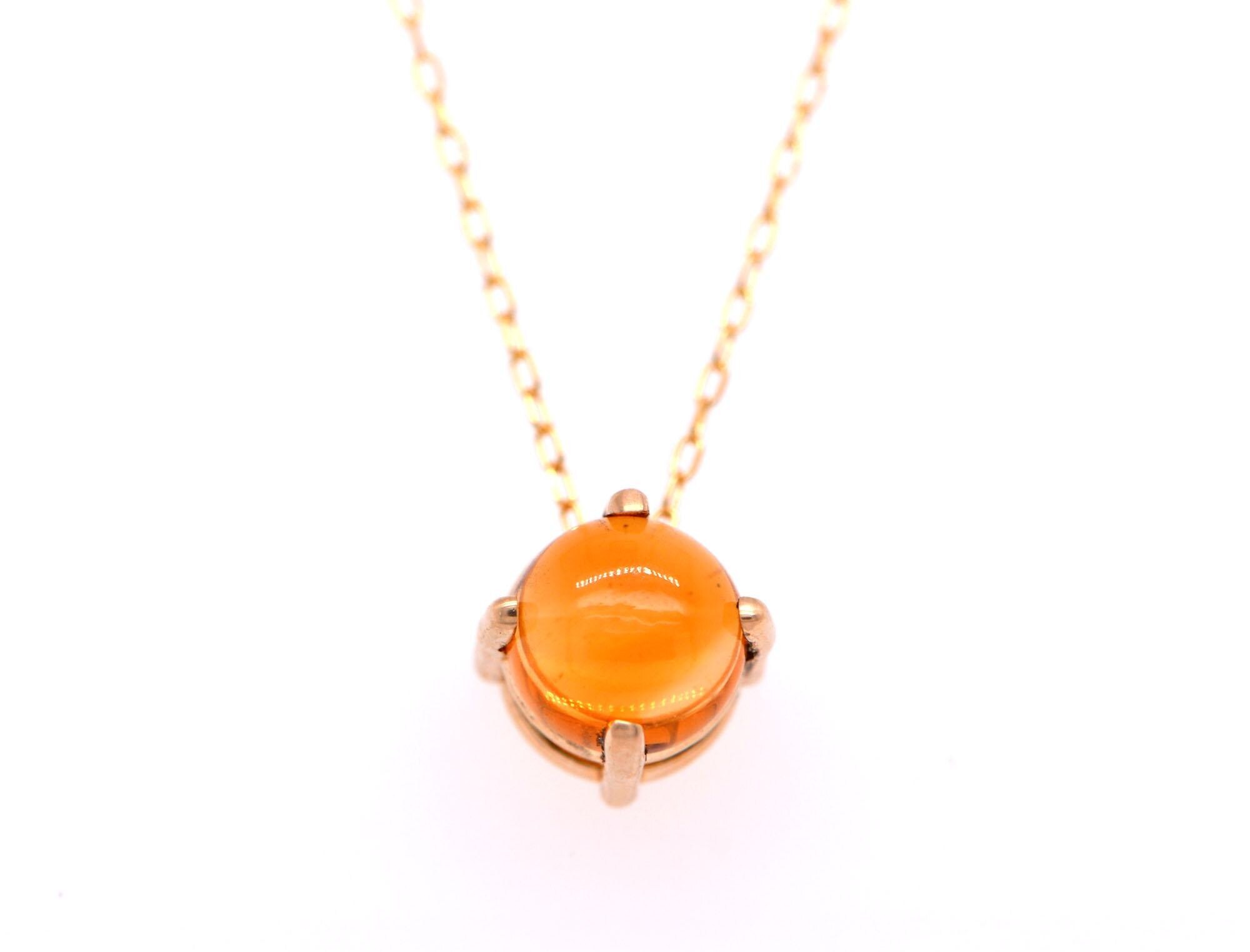 14k Gold Citrine Cabochon Solitaire Pendant Necklace, November Birthstone, detail view