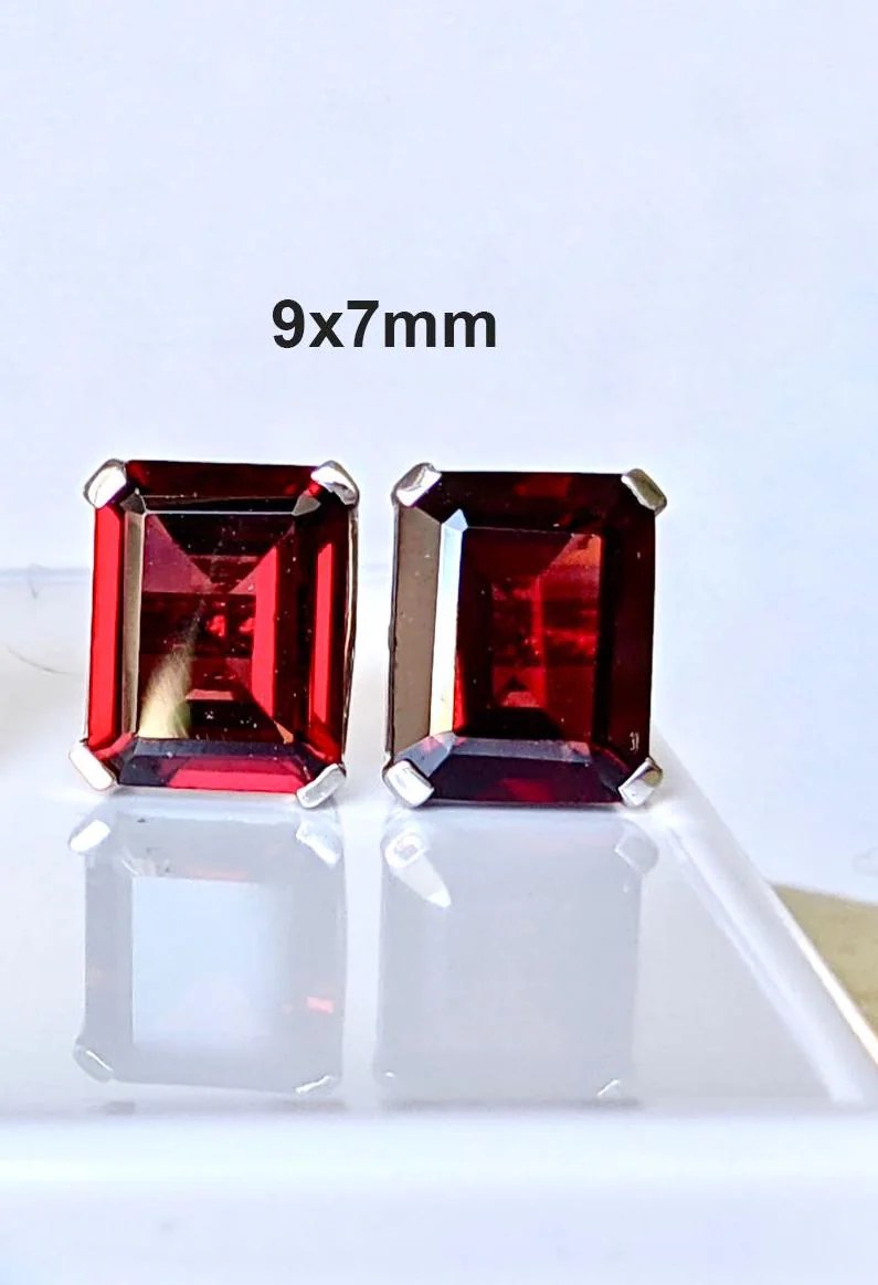 Garnet Octagon Stud Earrings 9x7mm Sterling Silver : January Birthstone