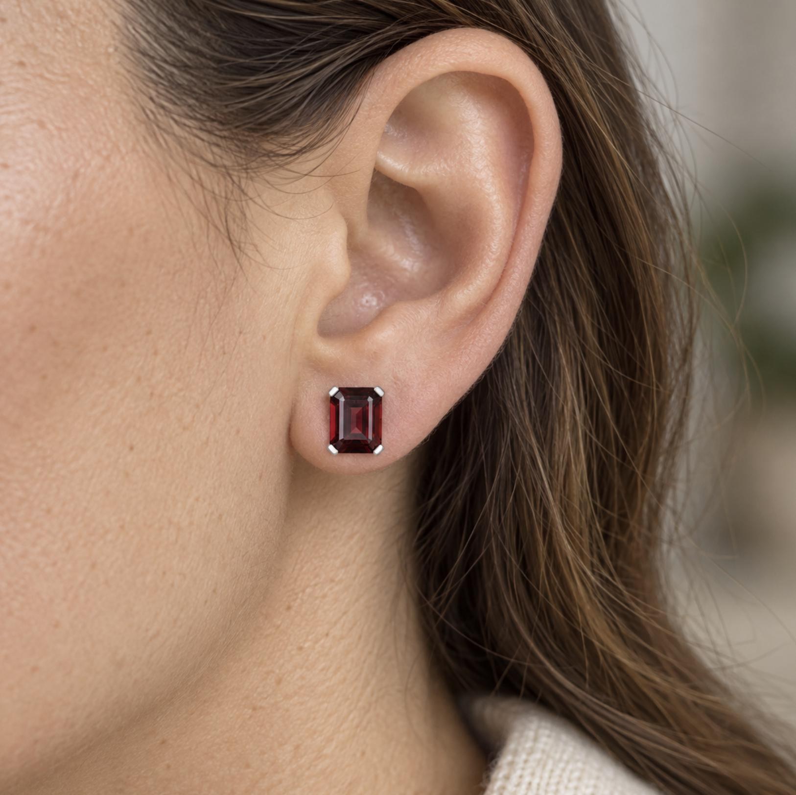 Garnet Octagon Stud Earrings 9x7mm Sterling Silver : January Birthstone, worn view