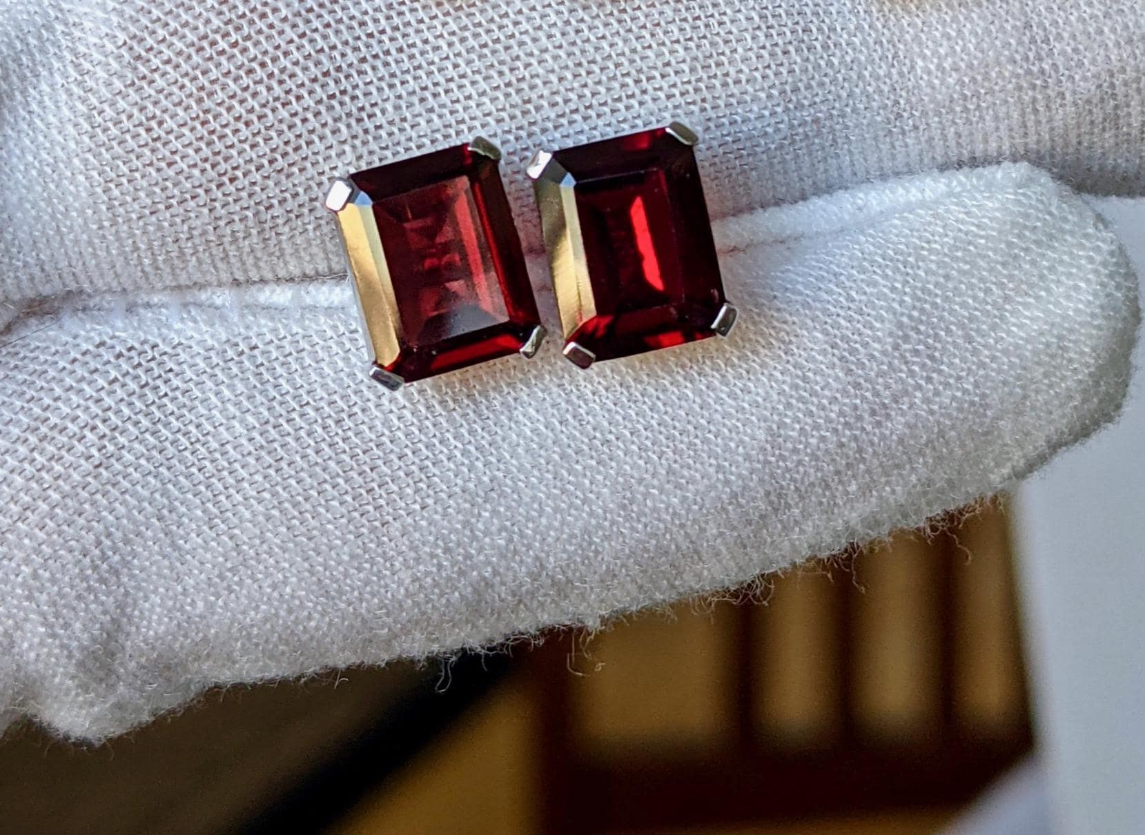Garnet Octagon Stud Earrings 9x7mm Sterling Silver : January Birthstone, detail view