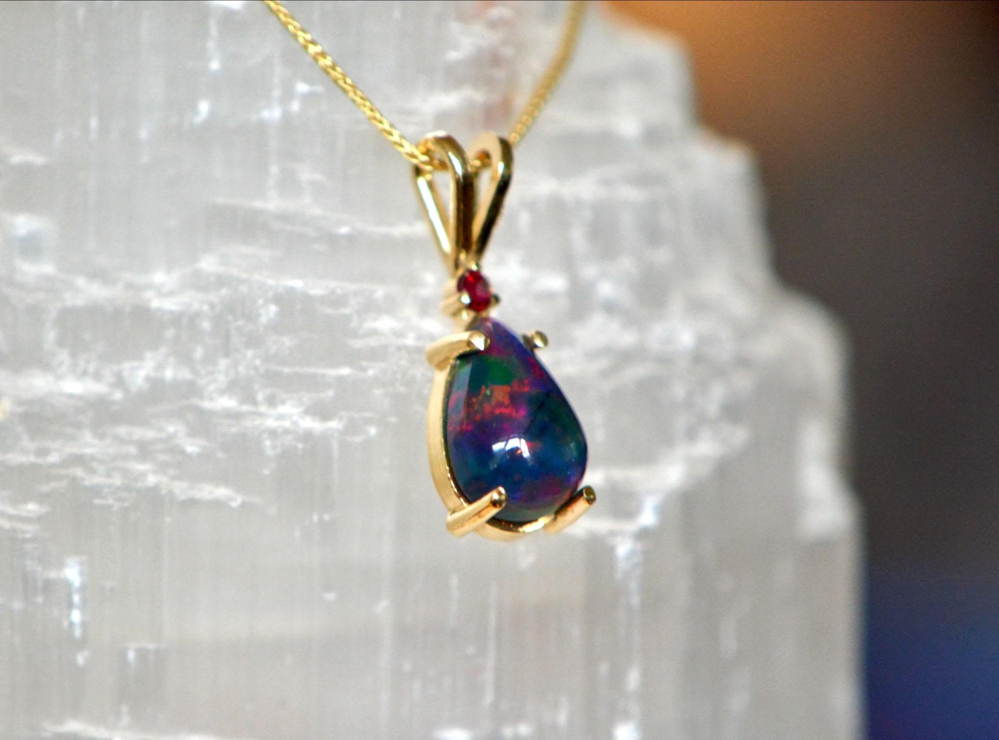 Ethiopian Black Opal & Ruby 14k Gold Pendant Necklace, October Birthstone Necklace, Statement Necklaces for Women,