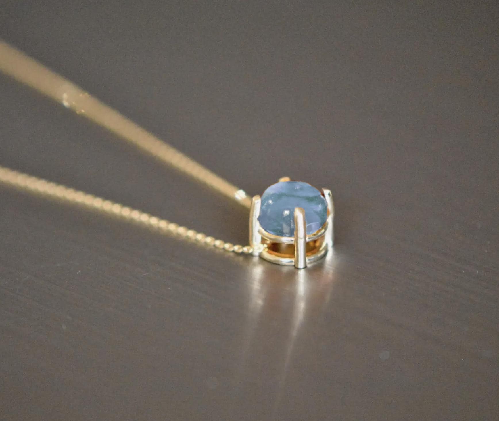 Aquamarine 2CT Cabochon Necklace Solid 14k Gold : March Birthstone Jewelry, detail view