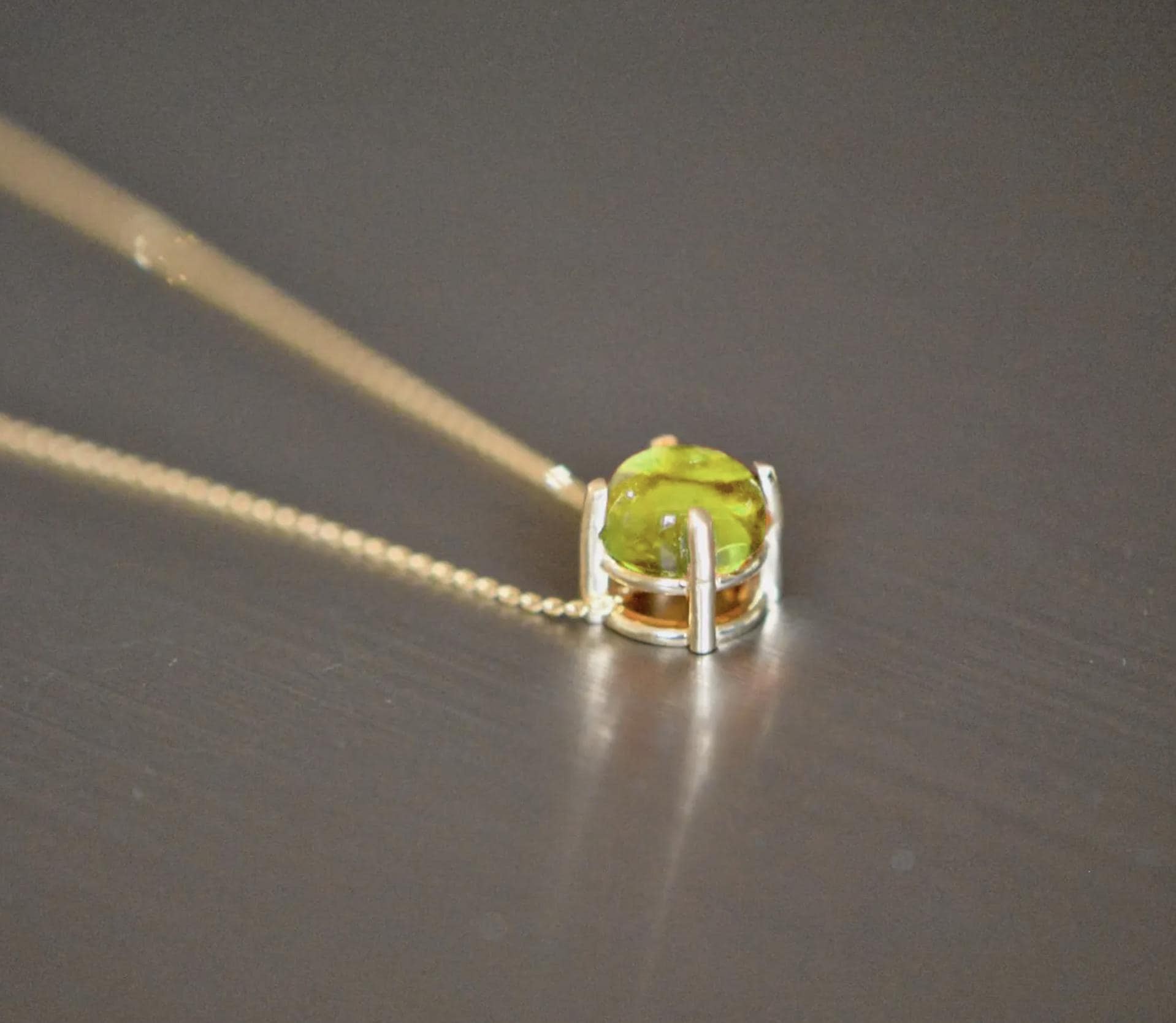 Peridot Round Cabochon Slide Solitaire Necklace 14k Gold : August Birthstone