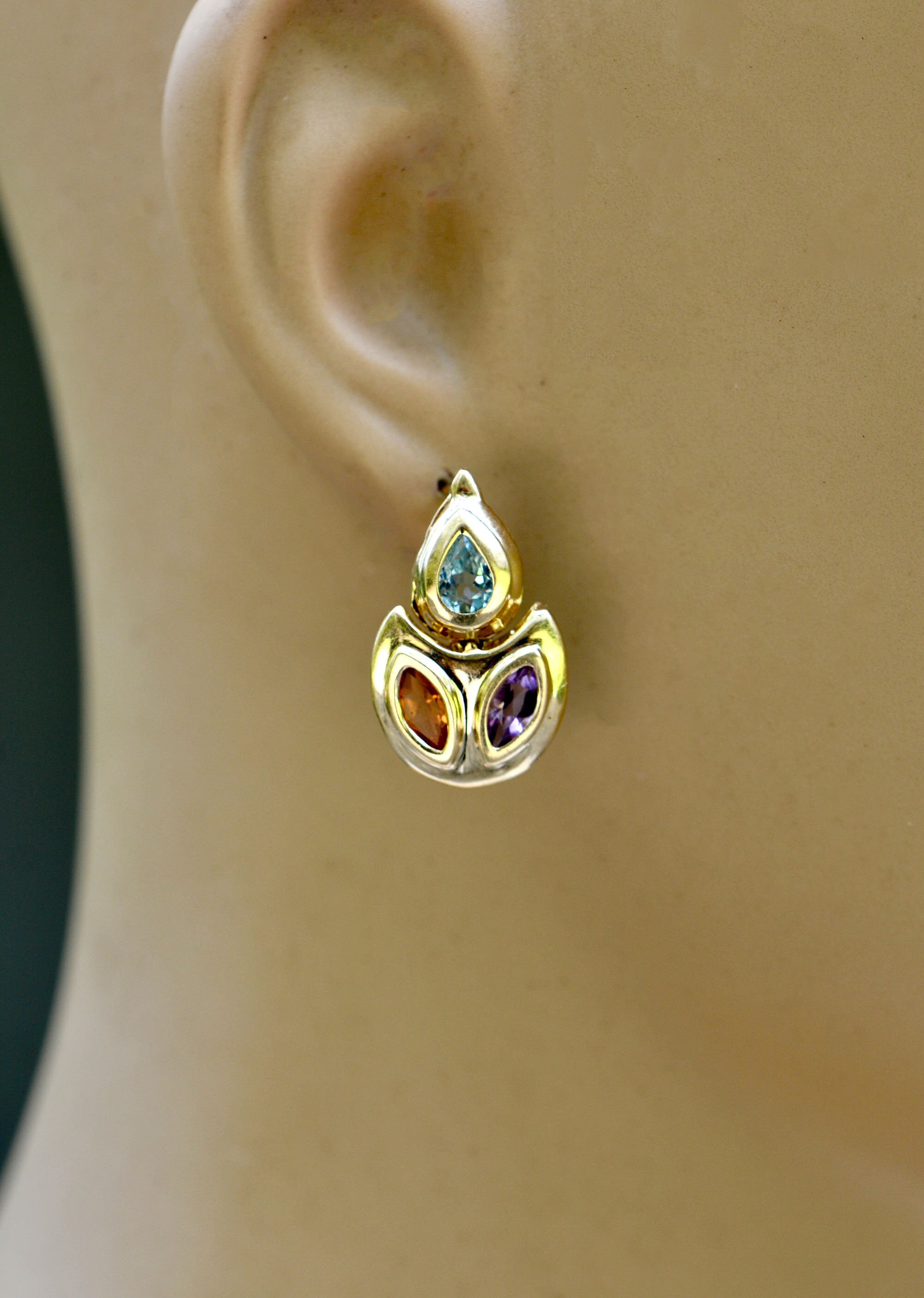 Blue Topaz Amethyst & Citrine Earrings 14k Gold, Multi Gemstone Dangly Statement Earrings Women, February November December Birthstone Drops