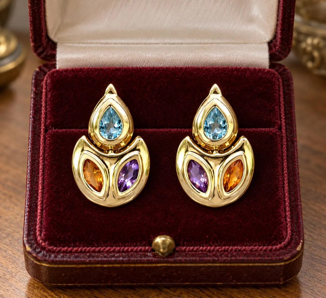 14k Gold Multi Gemstone Earrings, Blue Topaz, Citrine, Amethyst : November December February Birthstone