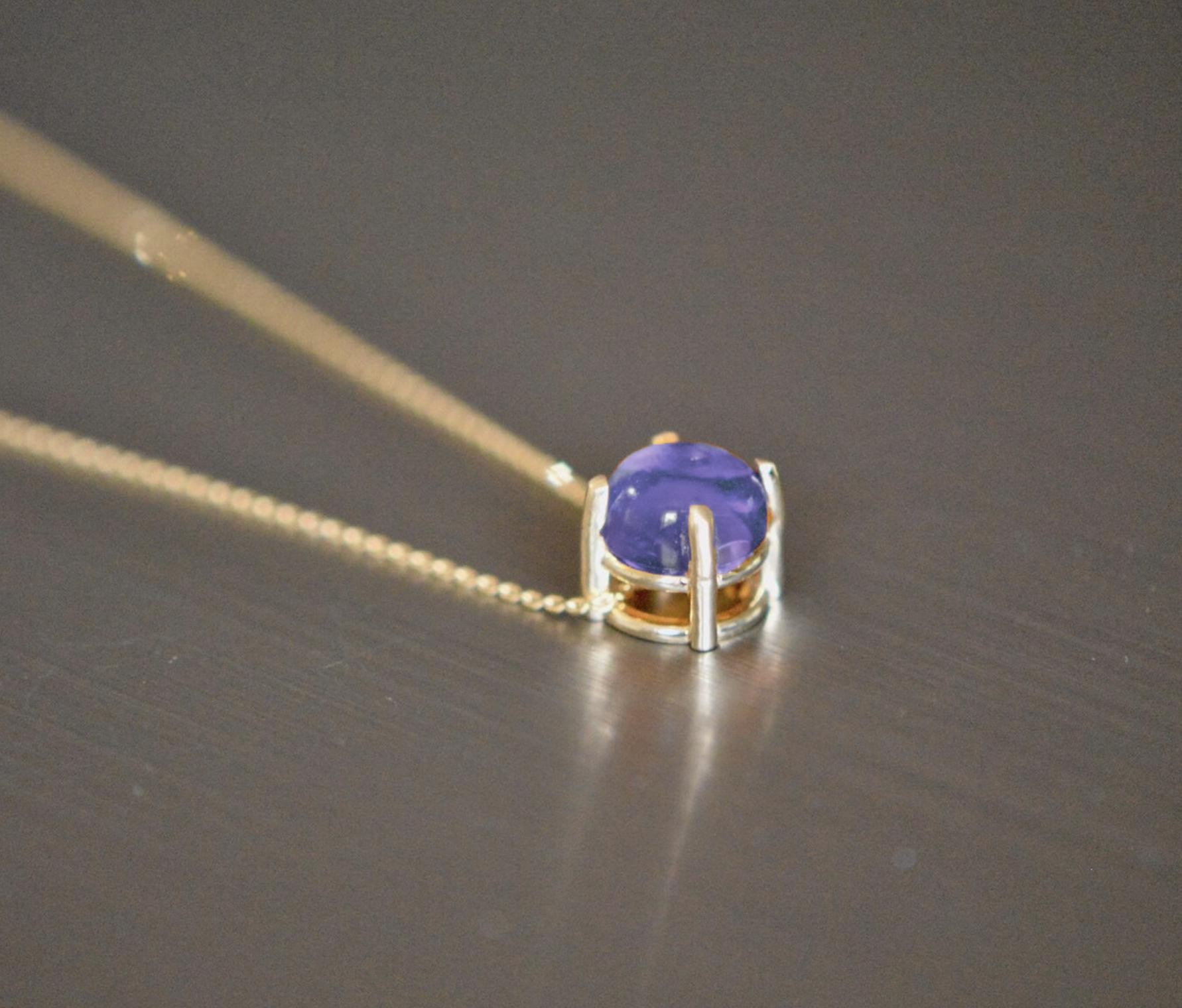 Tanzanite Cabochon 2CT Round Slide Solitaire Necklace Solid 14k Gold : December Birthstone, detail view