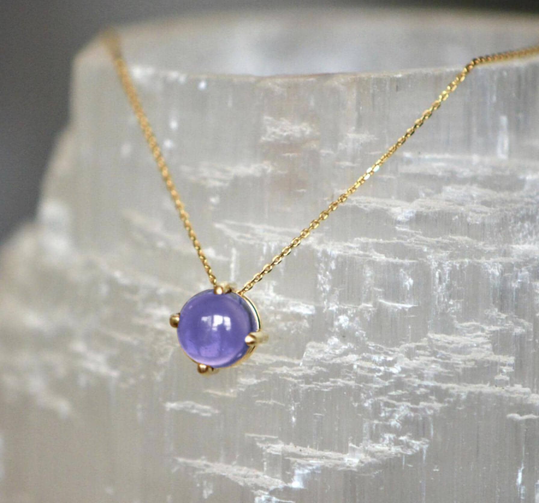Tanzanite Cabochon 2CT Round Slide Solitaire Necklace Solid 14k Gold : December Birthstone