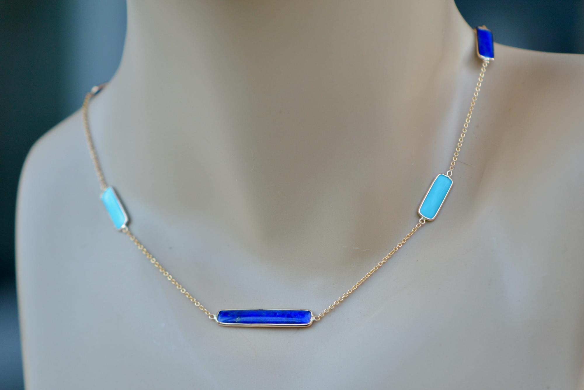 Turquoise Sleeping Beauty & Lapis Lazuli Bar Station Necklace Solid 18k Gold : December September Birthstone Chain