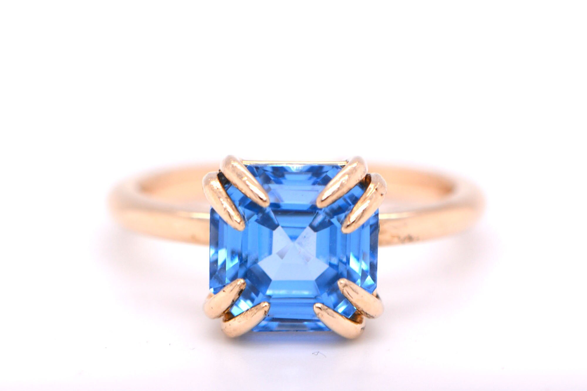 Brazilian Aquamarine Asscher Cut Lab Double Claw Solitaire Ring Solid 14kt Gold : March Birthstone Jewelry