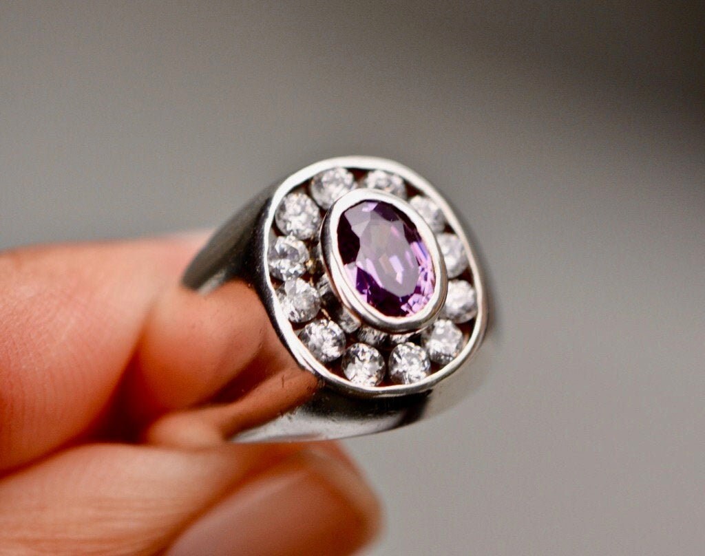 Amethyst Unisex Signet Ring with CZ in Sterling Silver : February Birthstone Jewelry