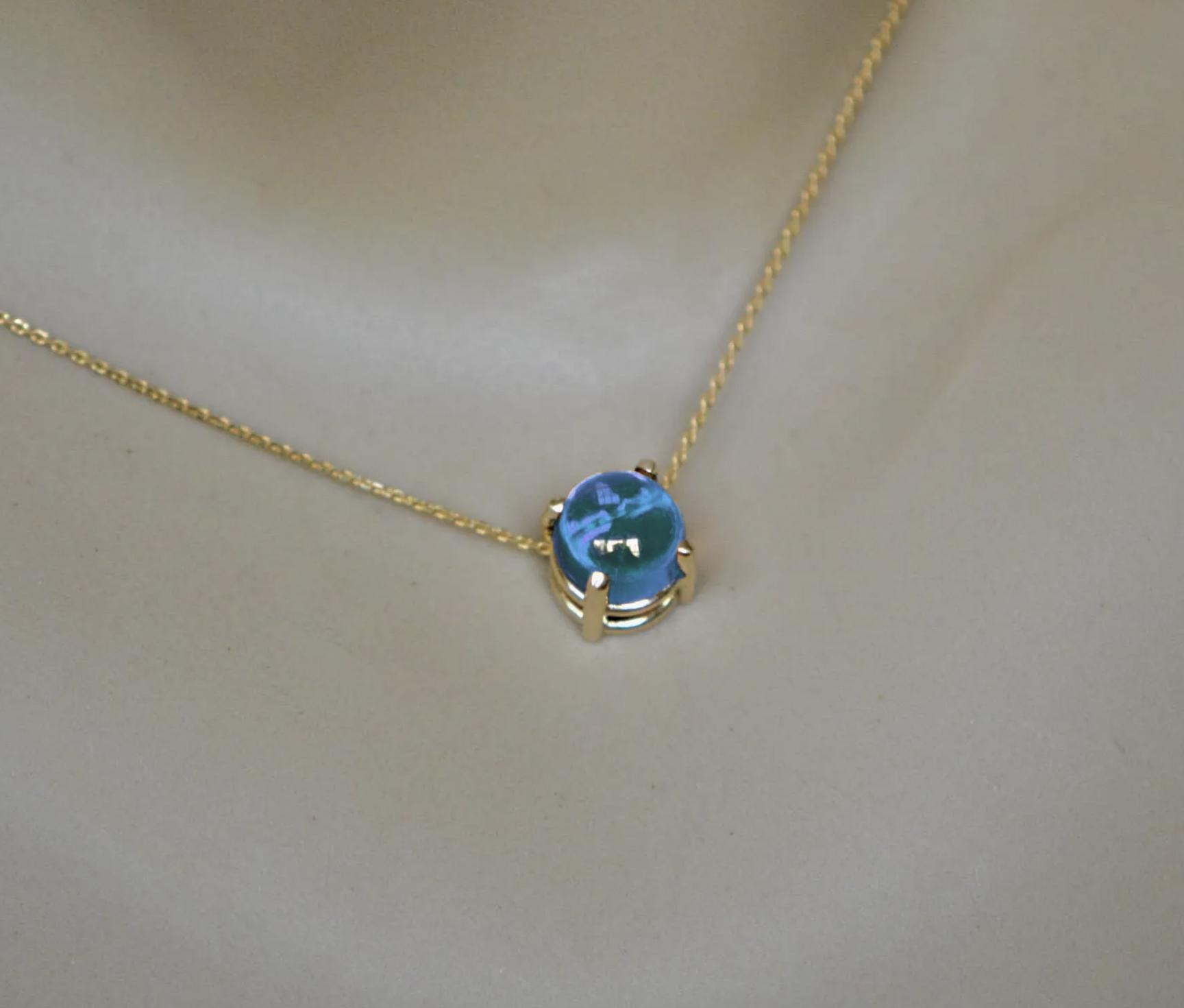 2CT Swiss Blue Topaz Round Cabochon Slide Solitaire Necklace 14k Gold : December Birthstone Pendant