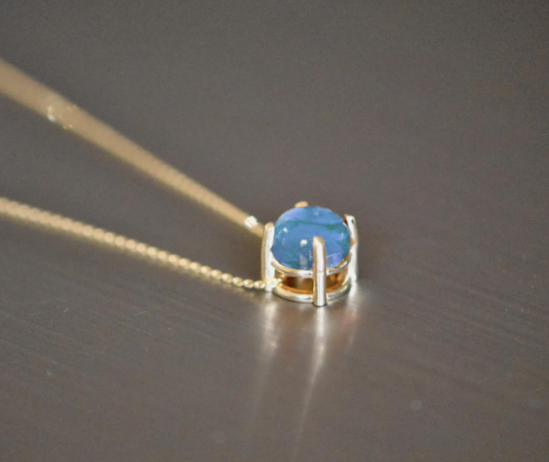 2CT Swiss Blue Topaz Round Cabochon Slide Solitaire Necklace 14k Gold : December Birthstone Pendant, detail view