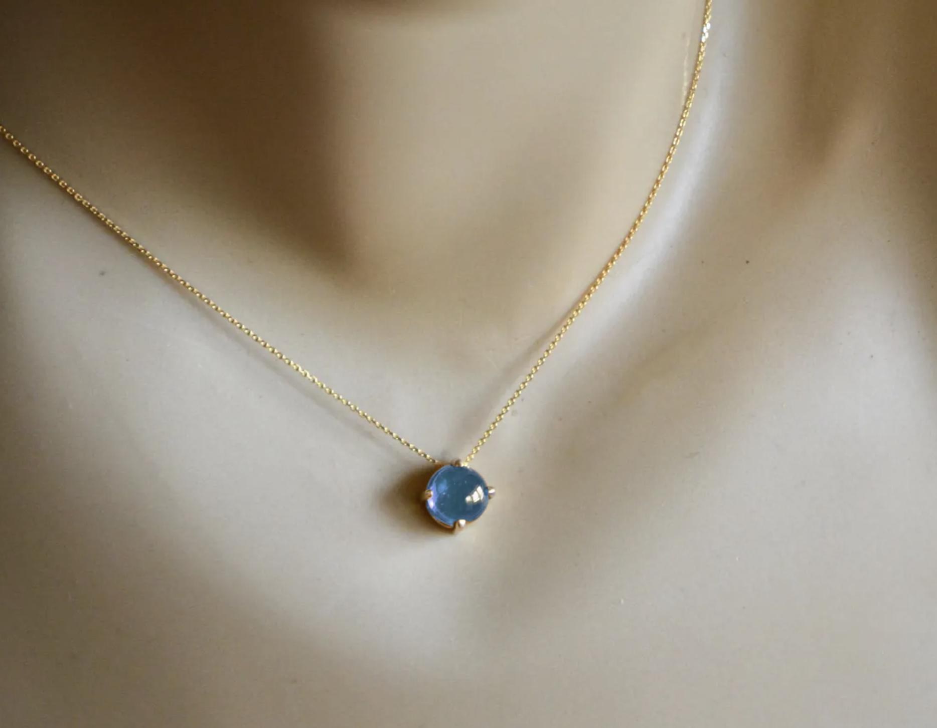 2CT Swiss Blue Topaz Round Cabochon Slide Solitaire Necklace 14k Gold : December Birthstone Pendant, detail view