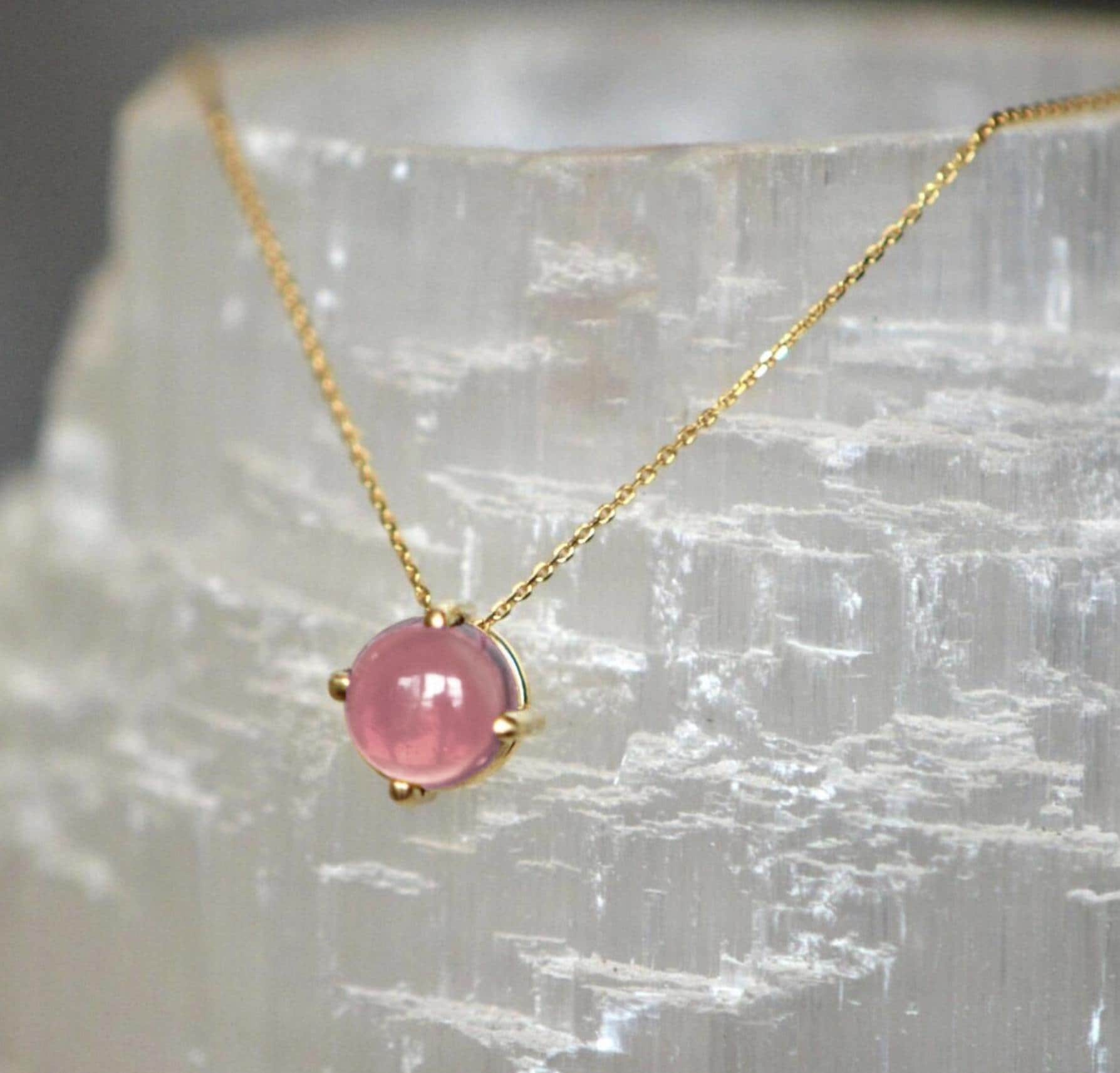 American Mined™ San Diego Pink Tourmaline™ Cabochon Slide Solitaire Necklace 14k Gold : Minimalist October Birthstone Pendant