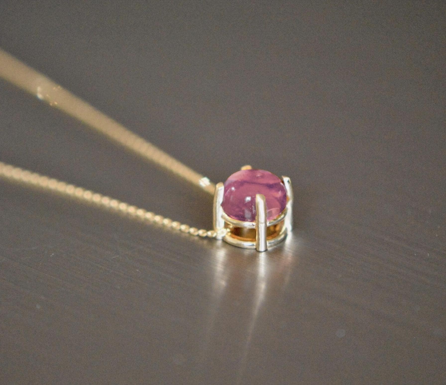 American Mined™ San Diego Pink Tourmaline™ Cabochon Slide Solitaire Necklace 14k Gold : Minimalist October Birthstone Pendant, detail view