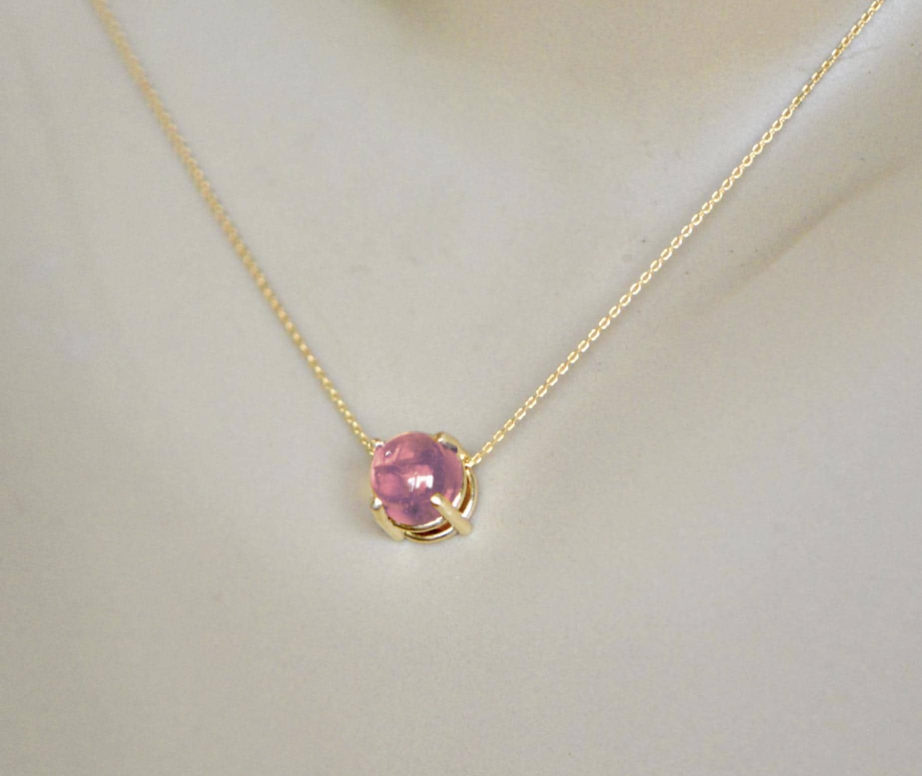 American Mined™ San Diego Pink Tourmaline™ Cabochon Slide Solitaire Necklace 14k Gold : Minimalist October Birthstone Pendant, detail view