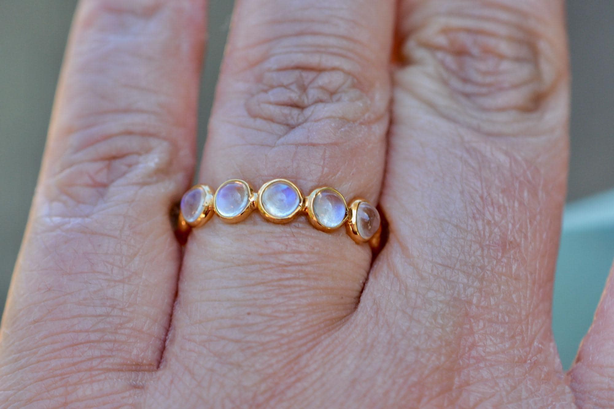 Blue Moonstone Adjustable Ring 18kt Gold, June Birthstone, worn view