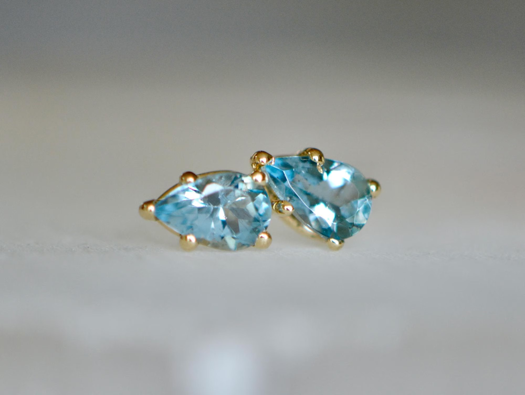 Aquamarine Teardrop Claw Stud Earrings 14kt Gold : March Birthstone Jewelry