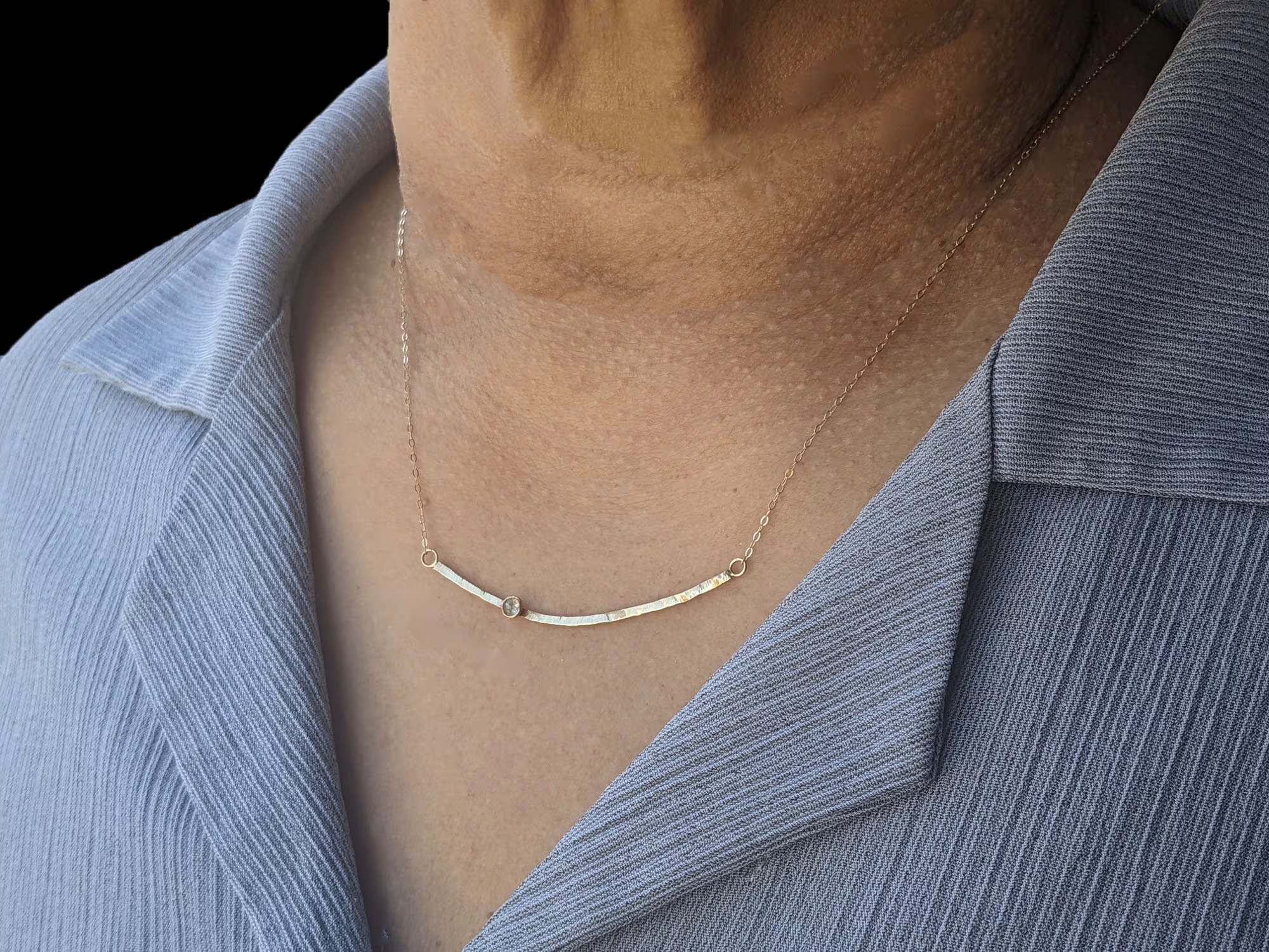 Hammered Bar Necklace Solid 14k Gold with Salt Pepper Diamond : Layering Minimalist Necklace for Women