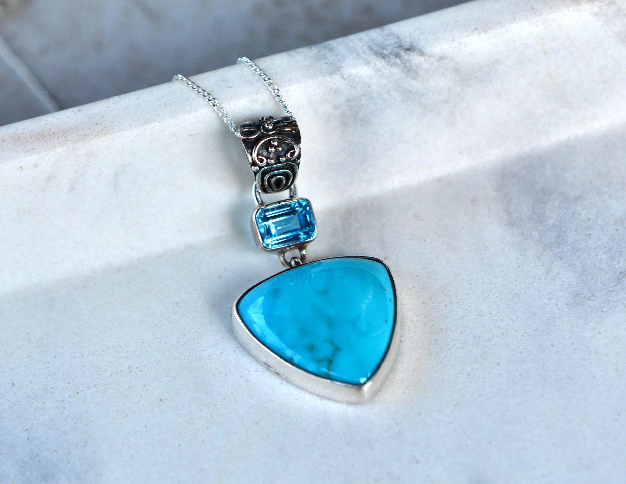 Blue Topaz & Turquoise Sterling Silver Statement Pendant Necklace : December Birthstone