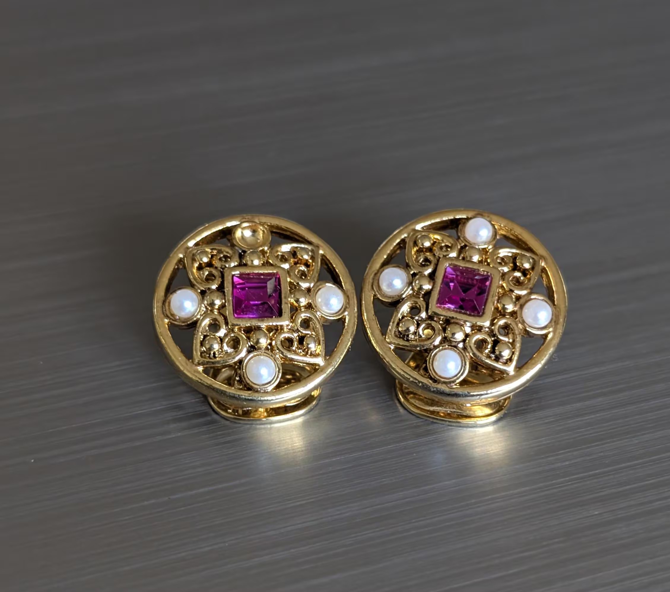 Vintage Rhodolite Garnet and Pearl Clip on Gold Tone Statement Stud Earrings for Women