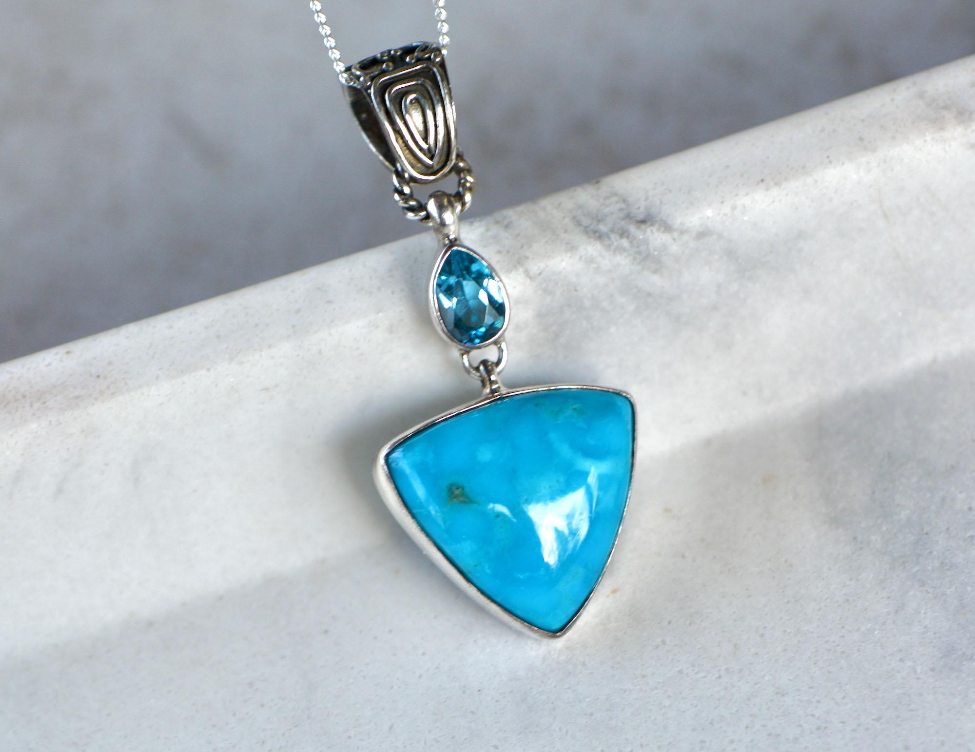Turquoise and Blue Topaz Statement Necklace Sterling Silver - December Birthstone Pendant