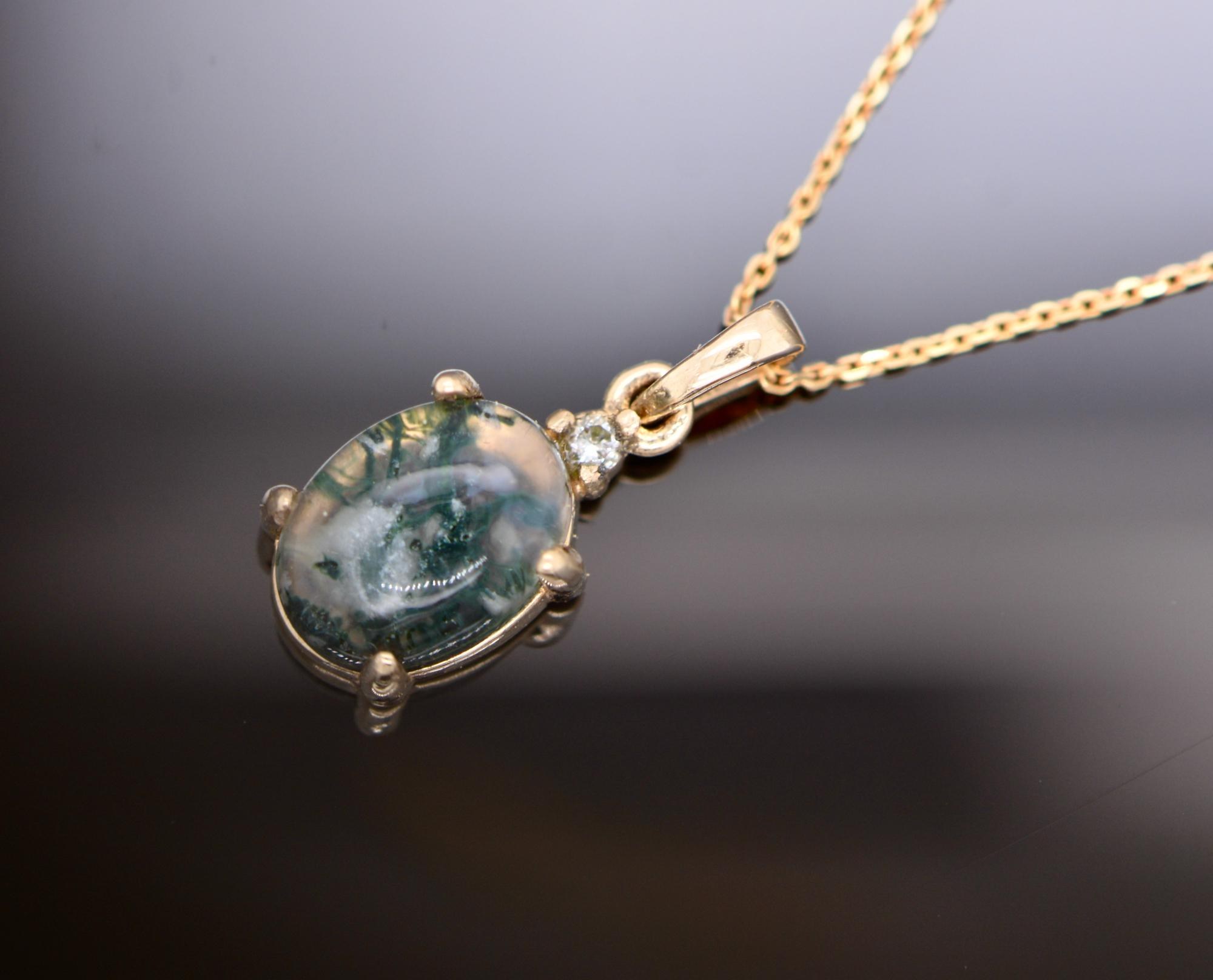 Moss Agate with Diamond 14k Gold Charm Pendant : Minimalist Nature Jewelry, detail view