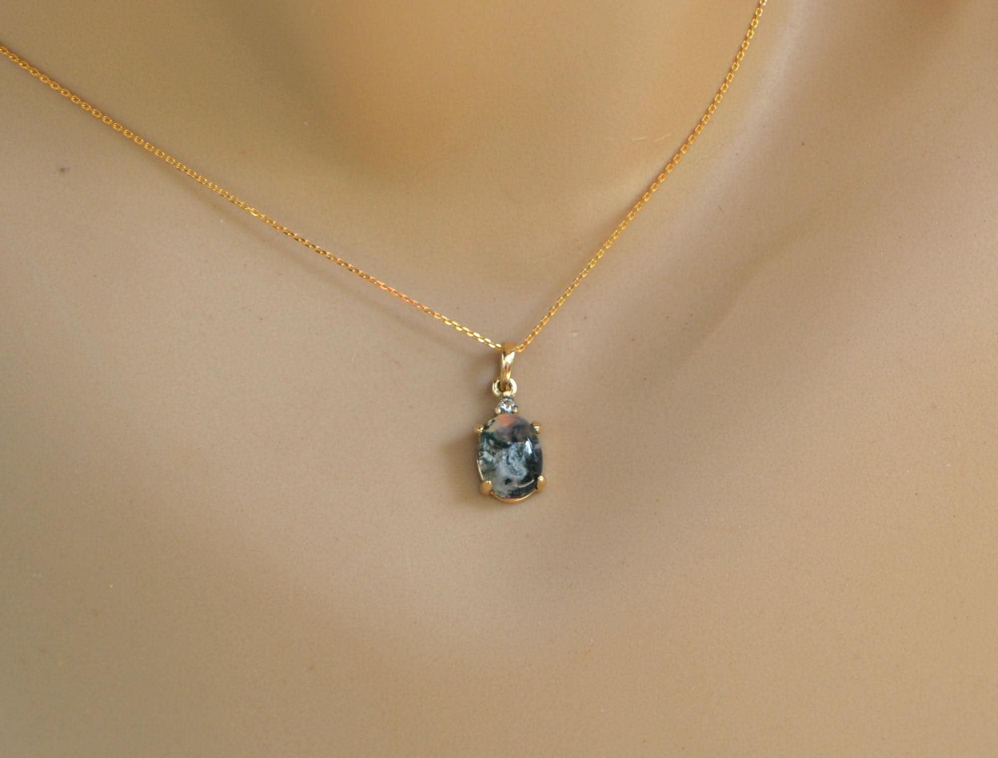 Moss Agate with Diamond 14k Gold Charm Pendant : Minimalist Nature Jewelry