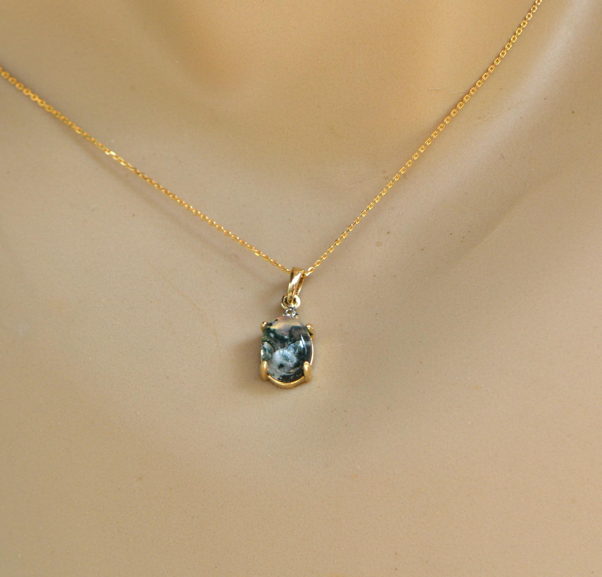 Moss Agate with Diamond 14k Gold Charm Pendant : Minimalist Nature Jewelry, detail view