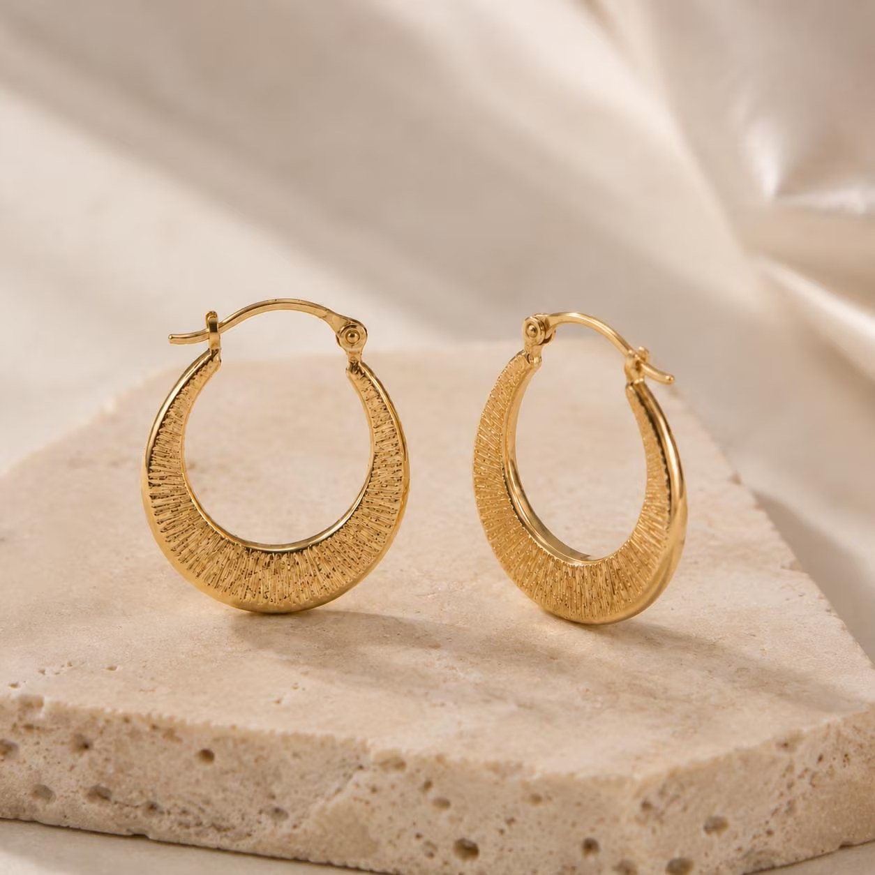 Textured Crescent Hoop Earrings Solid 14k Gold : Small Gold Hoop Earrings