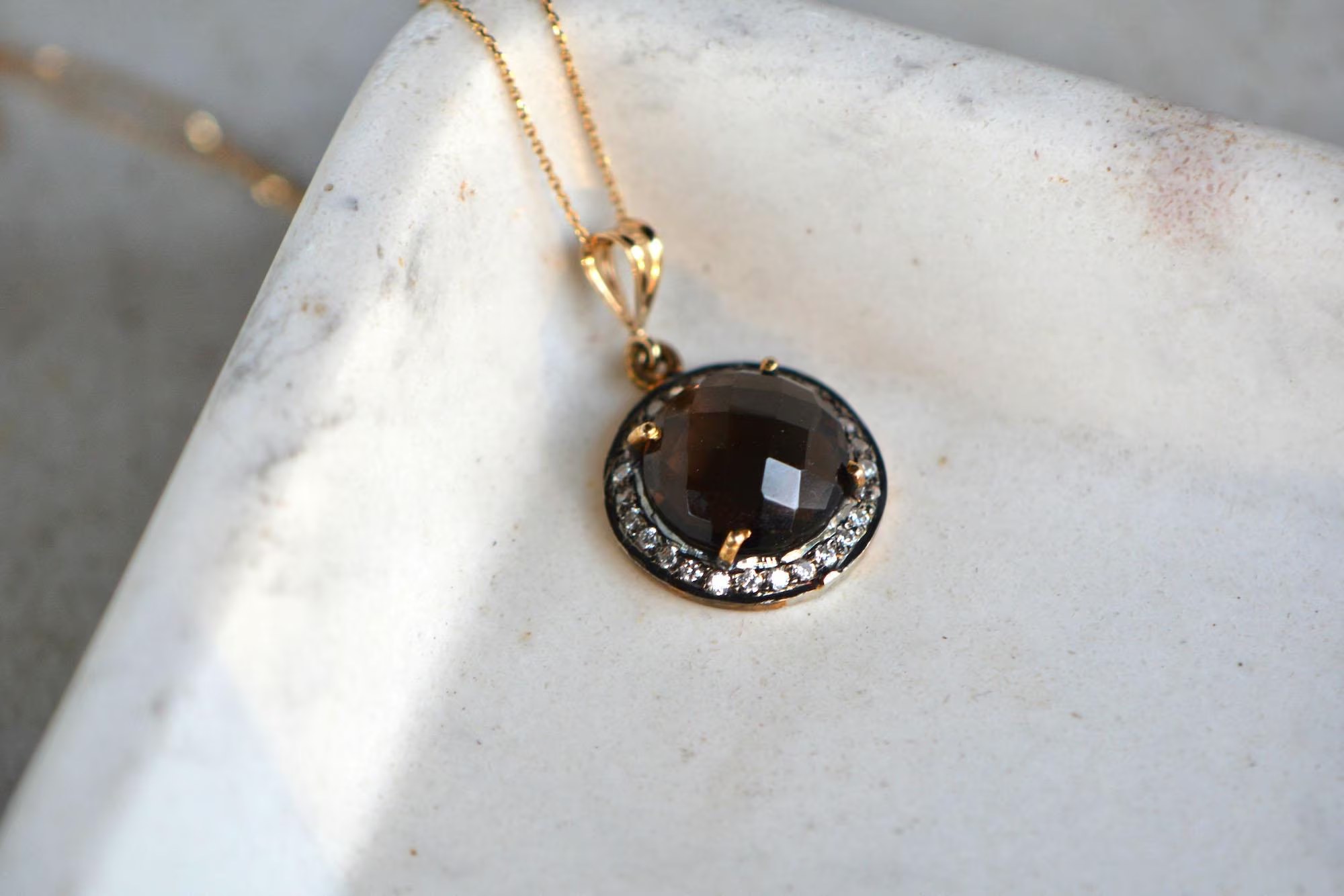 Rosecut Smoky Quartz Vermeil Necklace: Gold Filled Halo Pendant