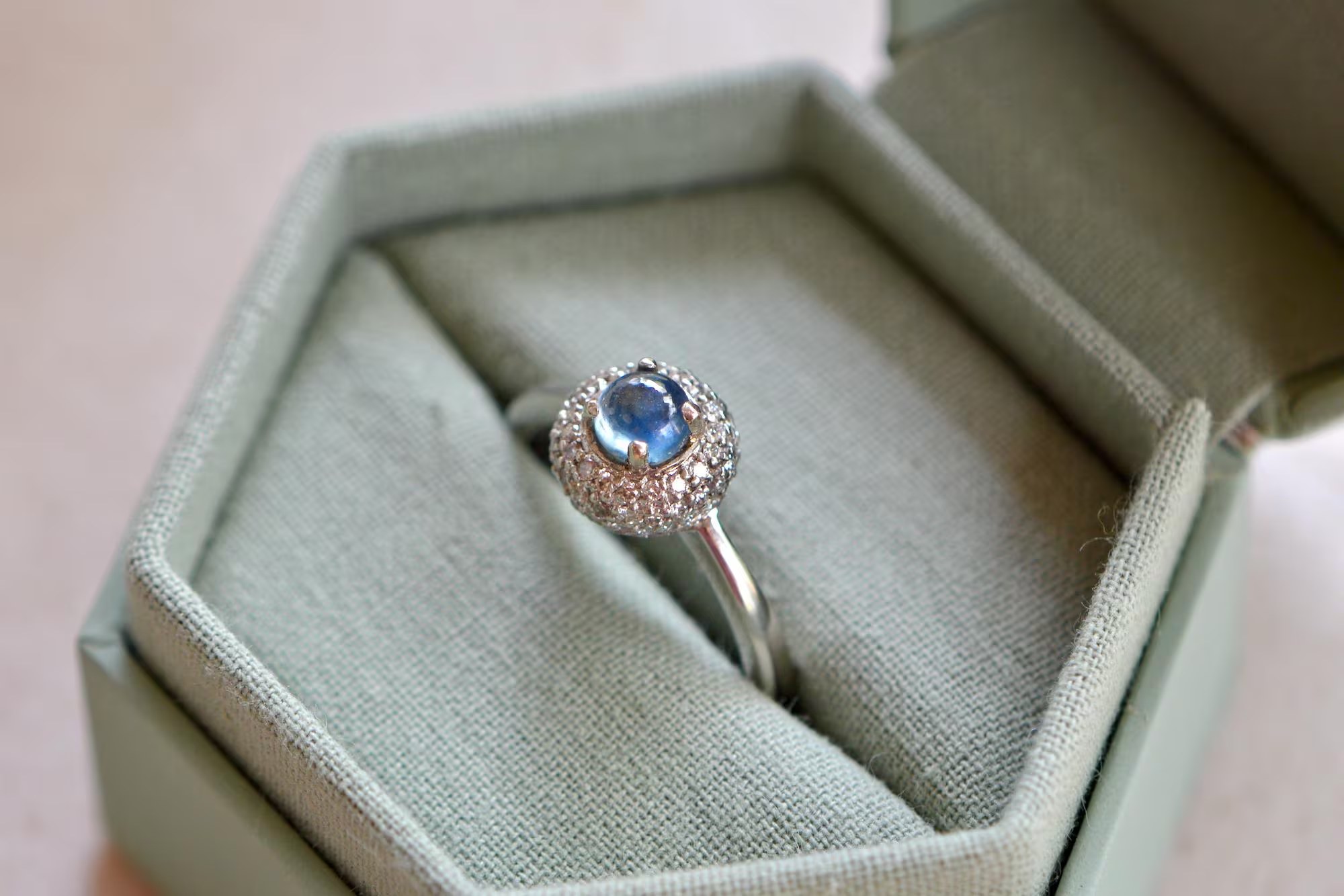 Blue Montana Sapphire Round Cabochon Diamond Engagement Ring 14k White Gold : September Birthstone Jewelry