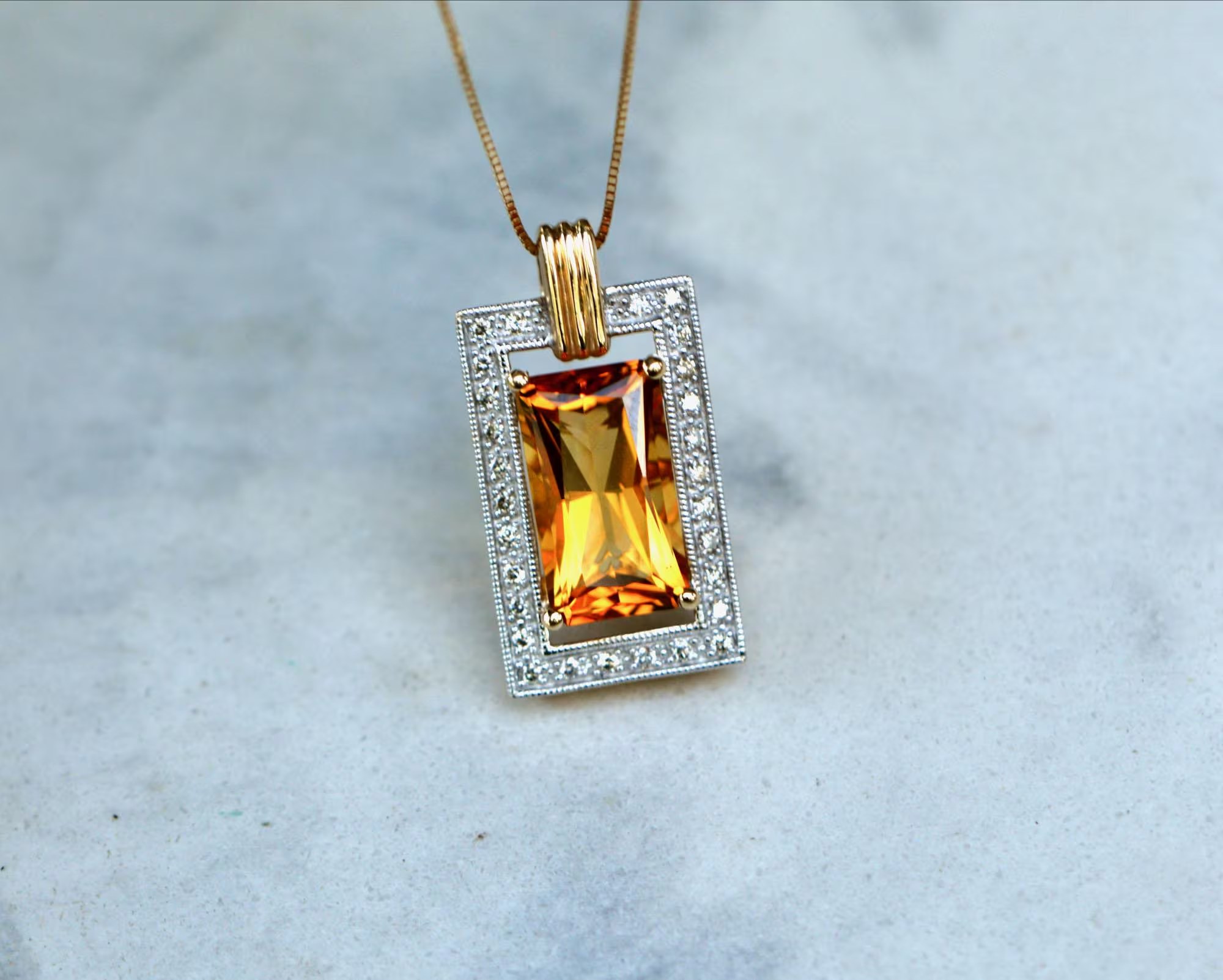 Citrine Pendant Necklace with Diamond Halo Solid 14k Gold - November Birthstone Jewelry