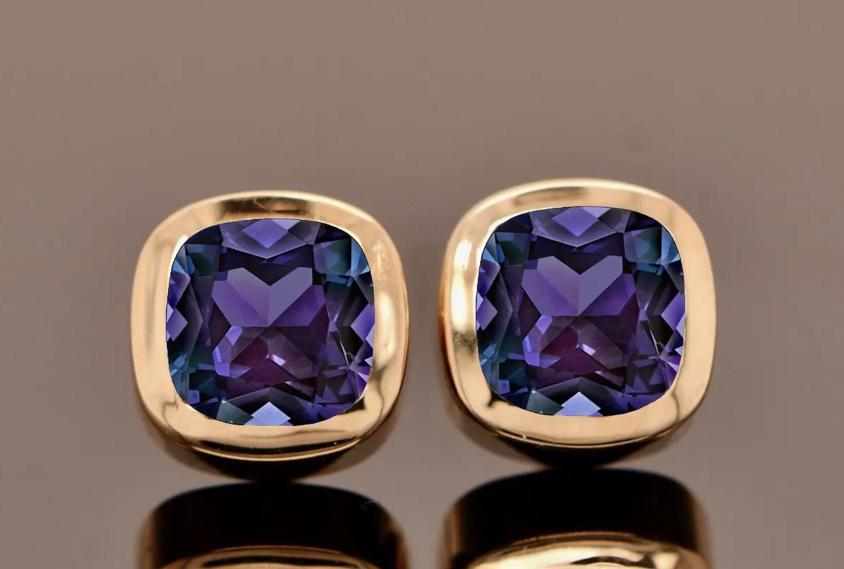 Alexandrite Lab Cushion Stud Earrings Solid 14k Gold : June Birthstone Jewelry, detail view