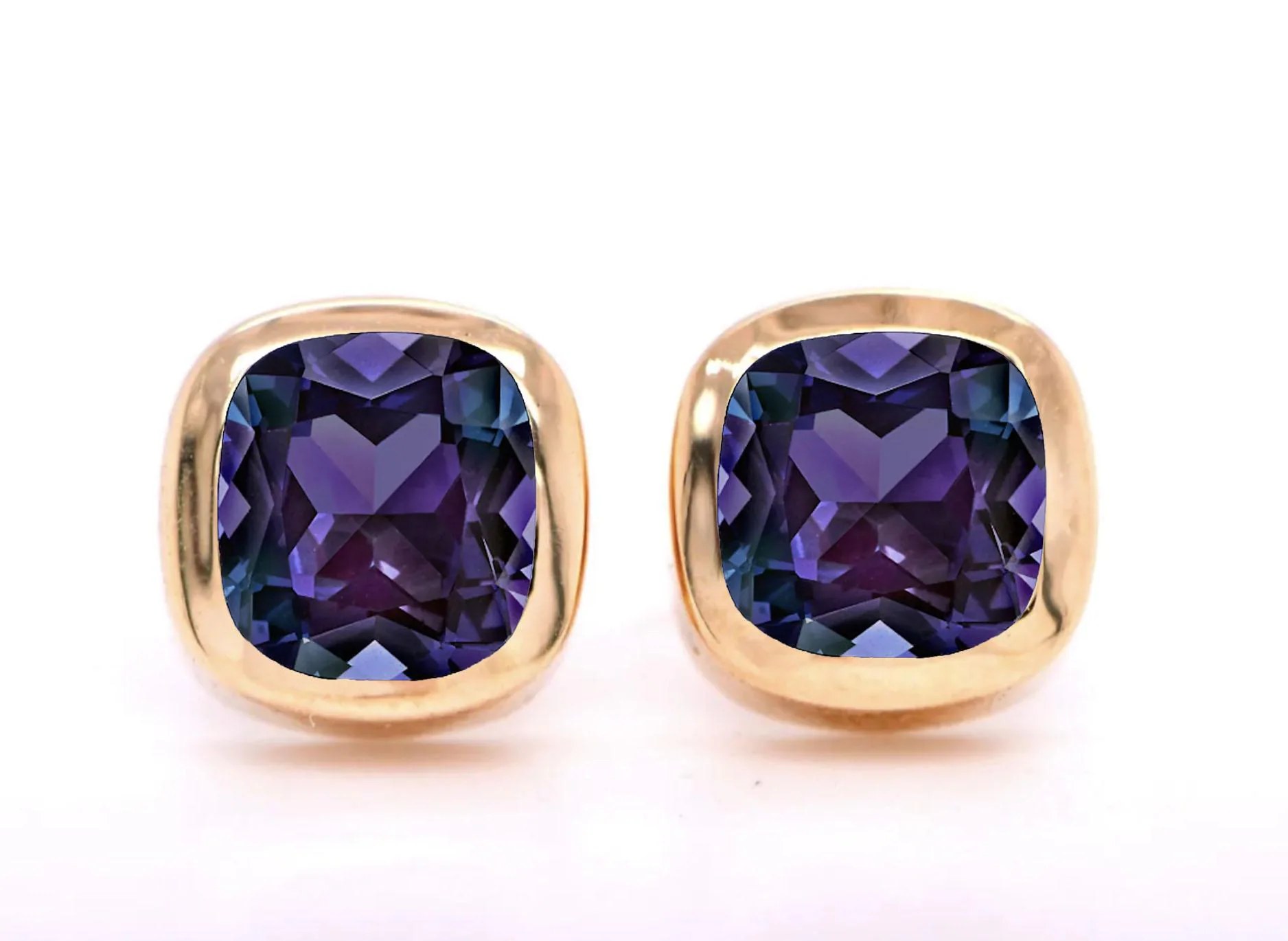Alexandrite Lab Cushion Stud Earrings Solid 14k Gold : June Birthstone Jewelry