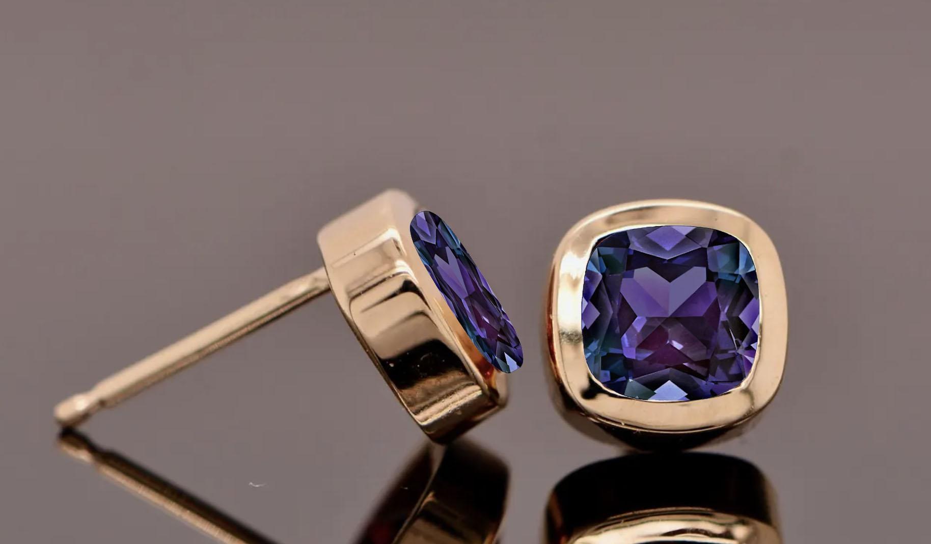 Alexandrite Lab Cushion Stud Earrings Solid 14k Gold : June Birthstone Jewelry, detail view
