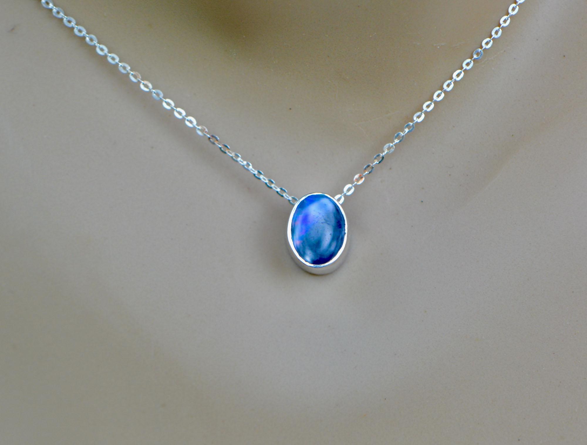 Australian Opal Oval Doublet Slide Necklace Sterling Silver : October Birthstone Blue Gemstone Jewelry