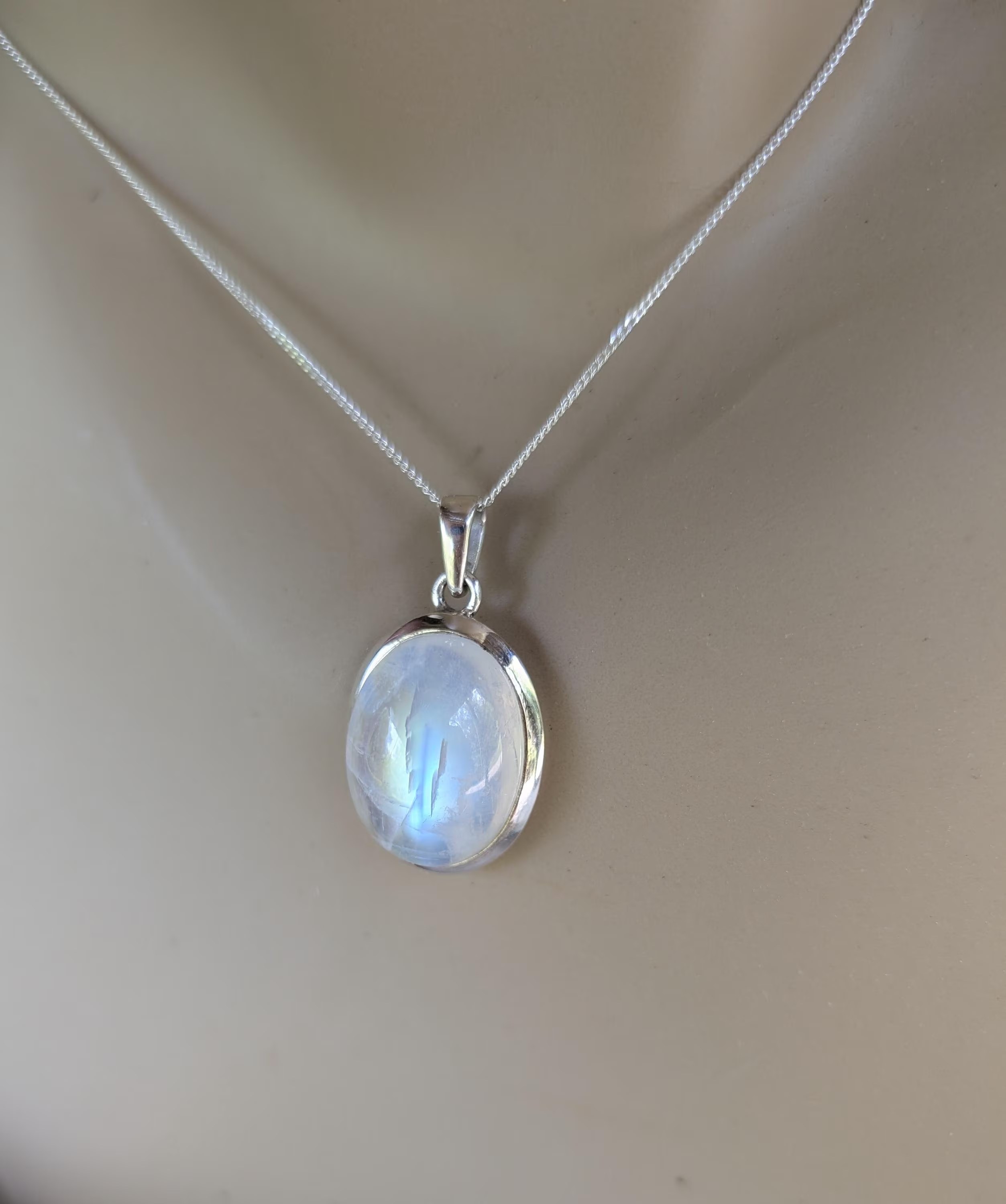 Rainbow Moonstone Oval Statement Necklace in Sterling Silver : June Birthstone Jewelry