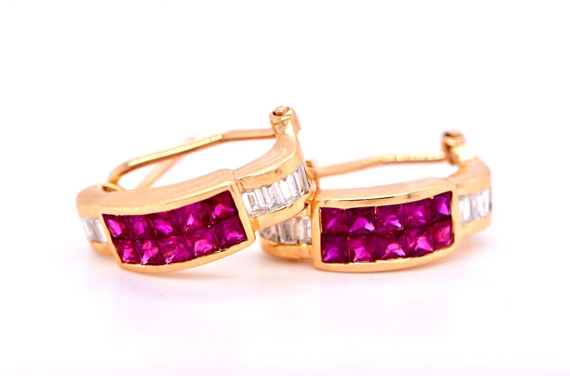 Ruby Diamond Art Deco Latchback Earrings 14kt Gold : 15th or 40th Anniversary Gift for Wife