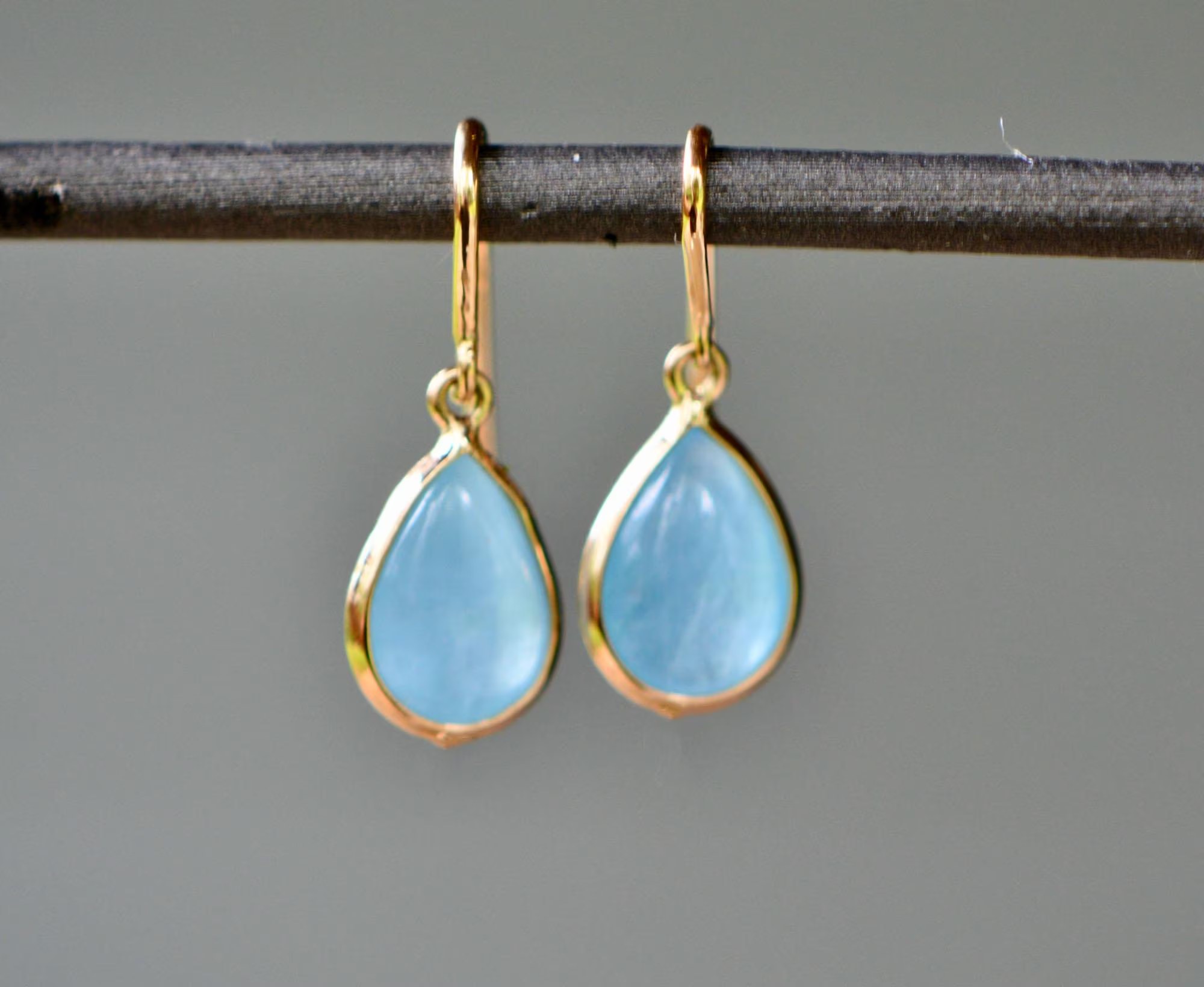 Aquamarine Teardrop Cabochon Dangly Earrings Solid 18kt Gold : March Birthstone Jewelry